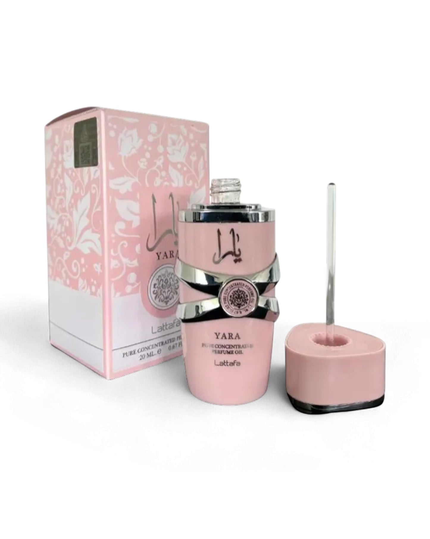 latta Yara pink perfume oil bottle cap opened candle set with packaging on a white background