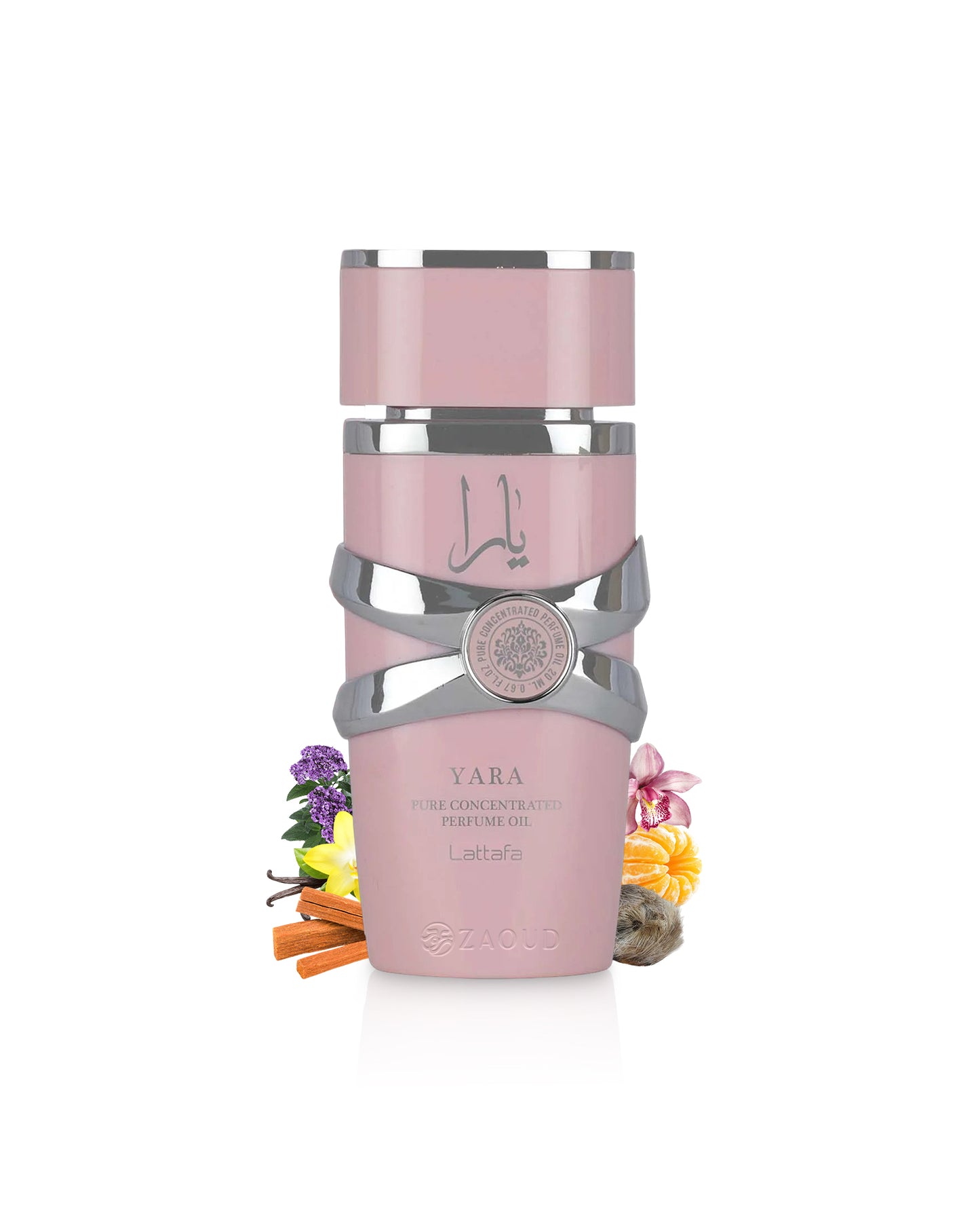 lattafa yara Pink bottle surrounded by fragrance note liek vanilla and gray cylindrical container with decorative elements on a white background
