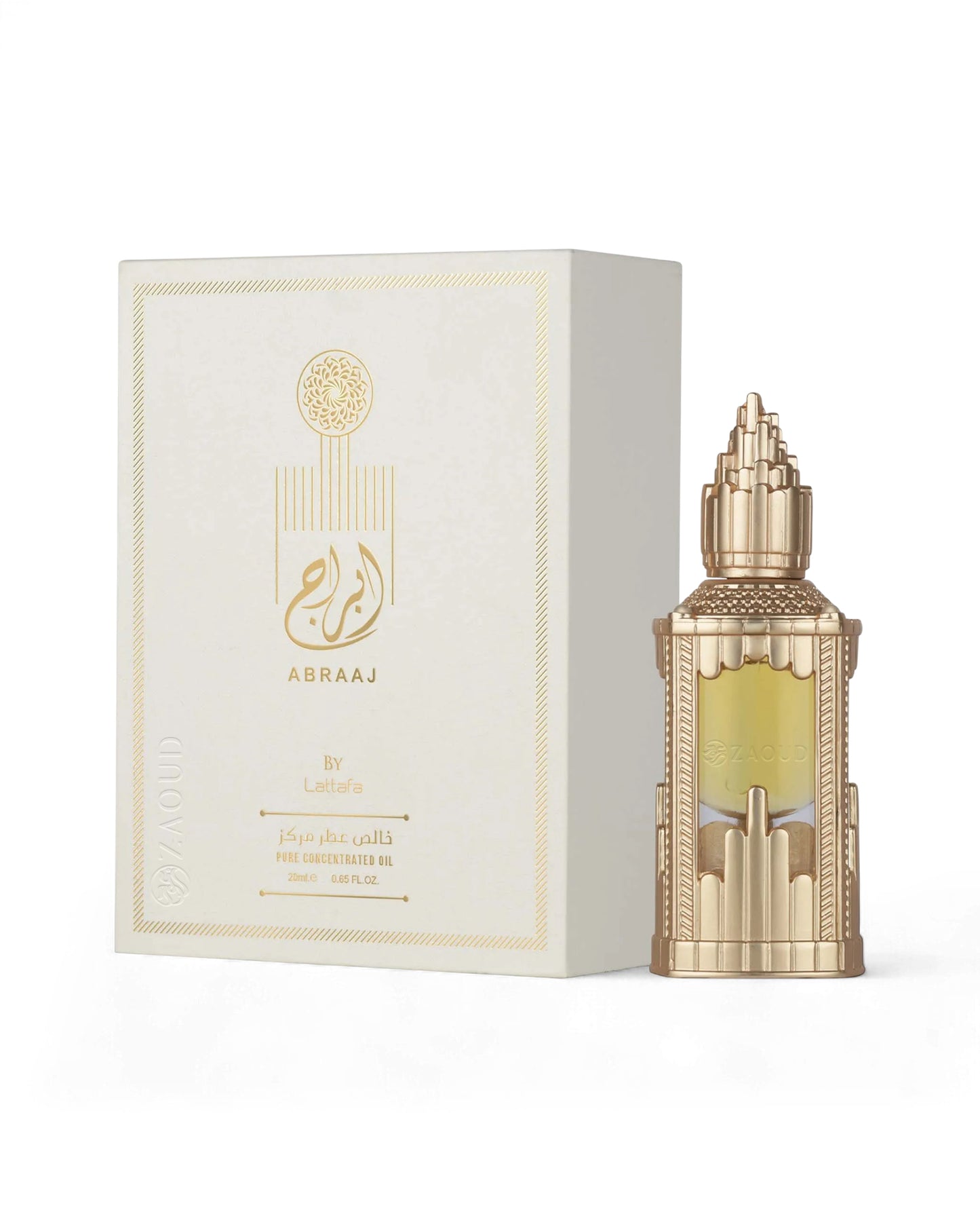 lattafa abraaj perfume oil bottle and packaging on a white background