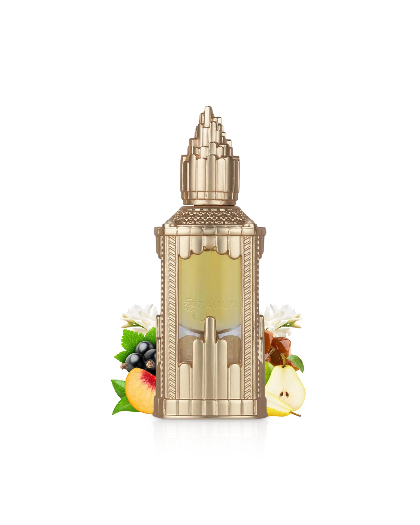lattafa abraaj perfume oil Decorative bottle with fruit illustrations on a white background