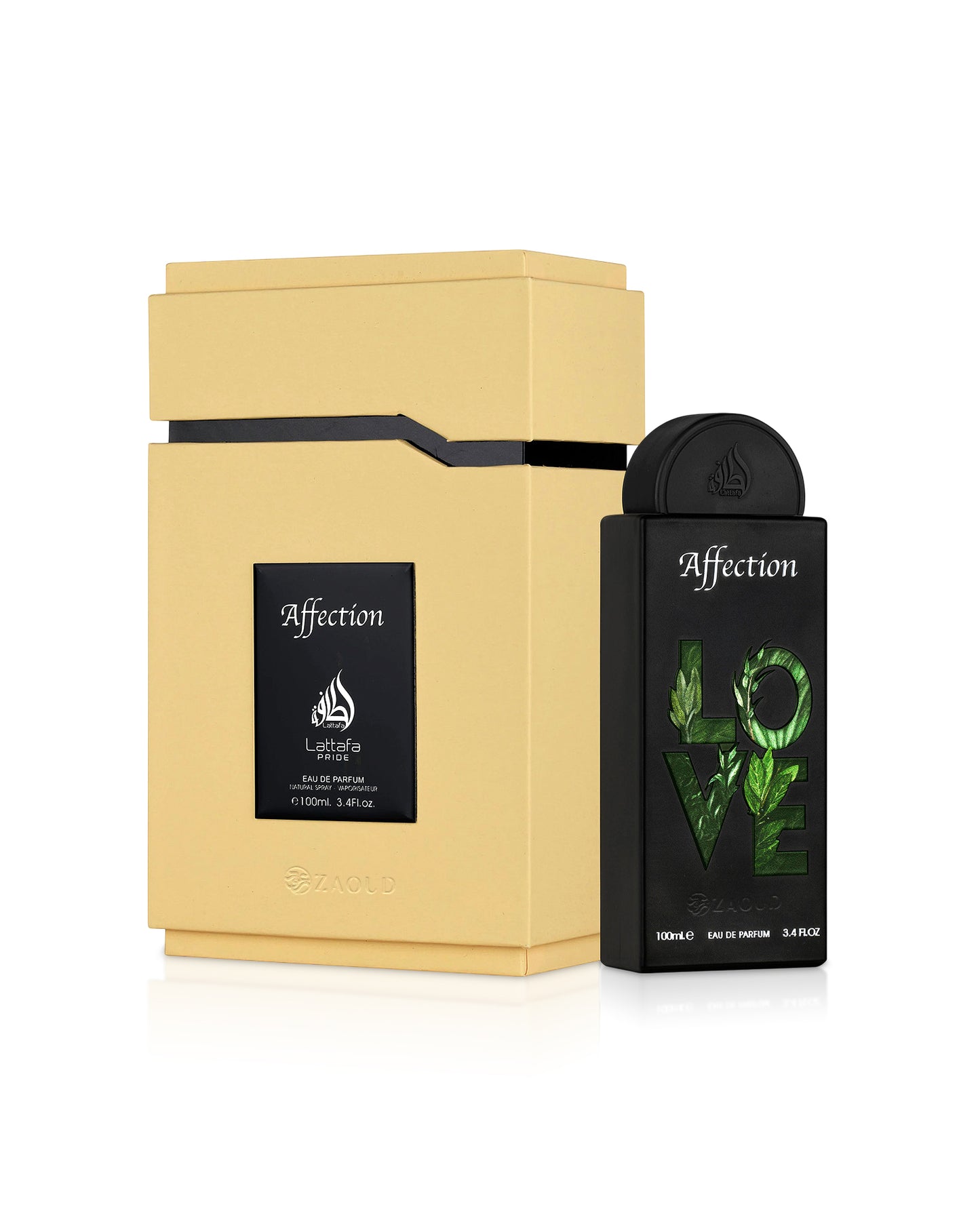 lattafa affection perfume bottle shows beside its box against white background