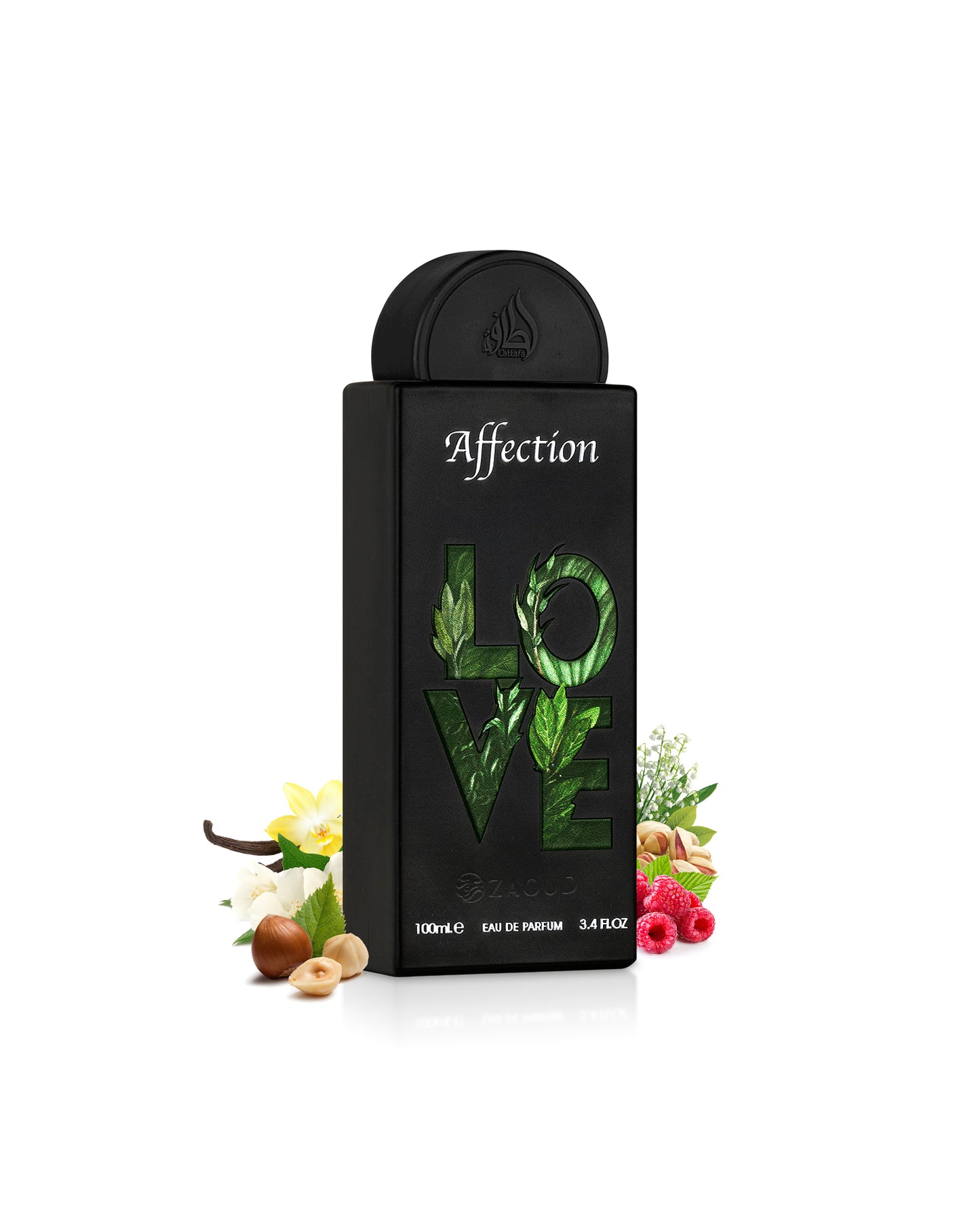 lattafa affection perfume bottle surrounded with nuts and vanilla shows against white background