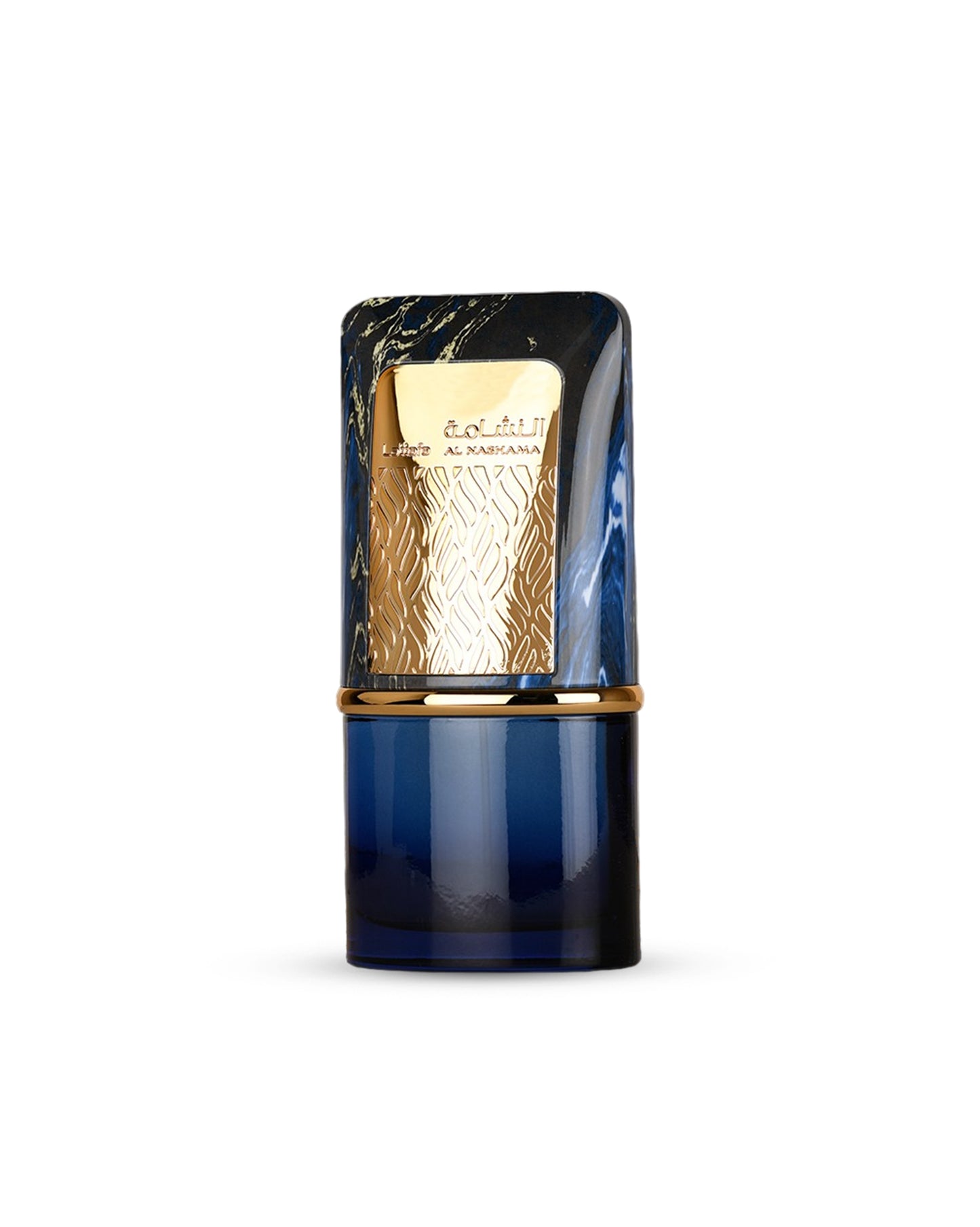 lattafa al nashama caprice Blue and gold perfume bottle on a white background