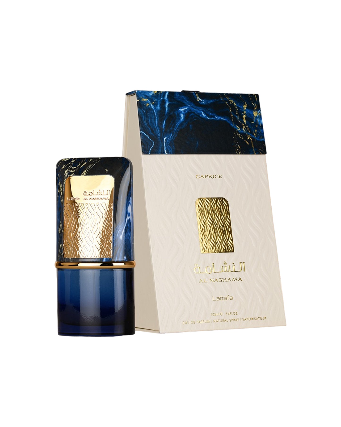 lattafa al nashama caprice Blue and gold perfume bottle with matching packaging on a white background