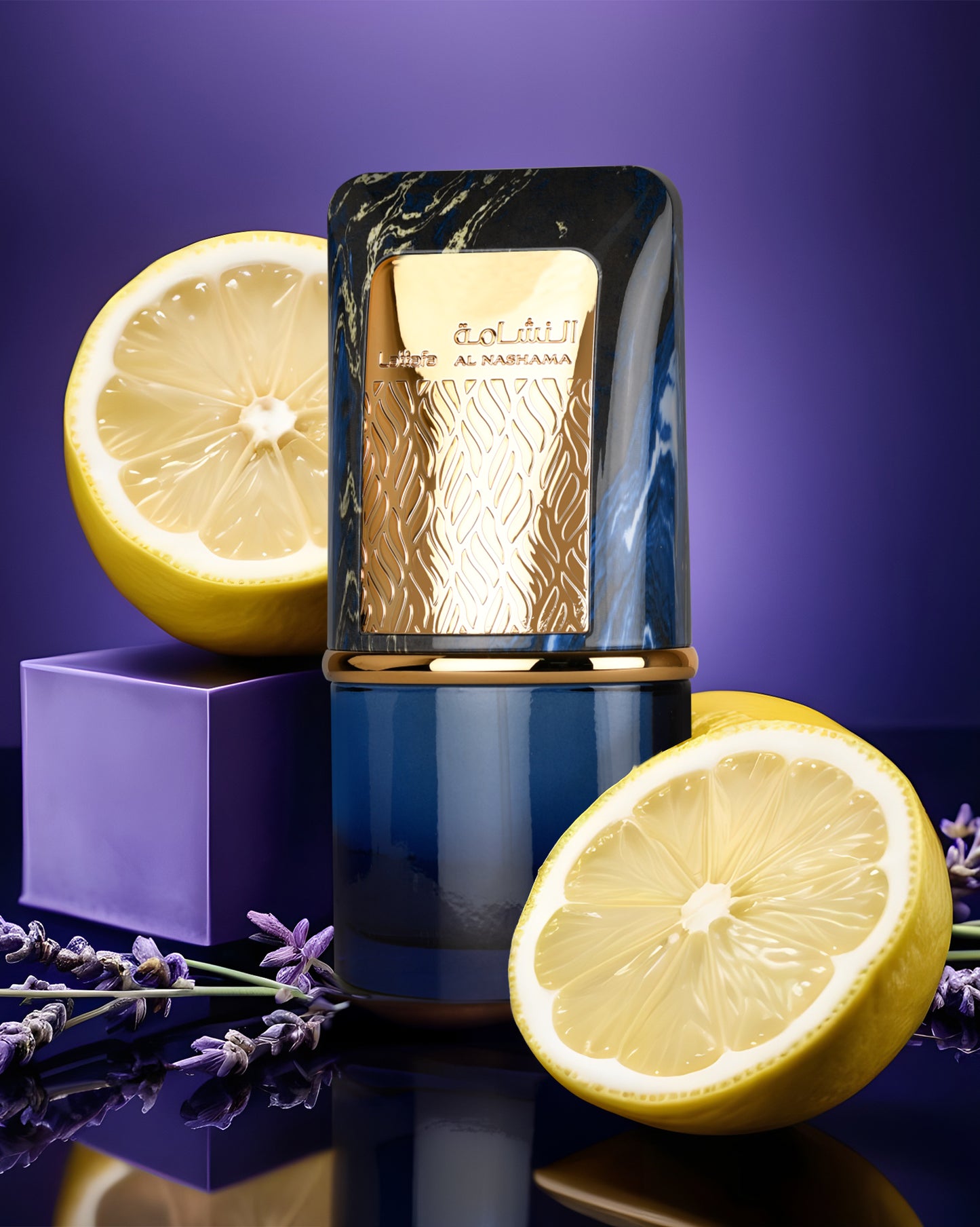 lattafa al nashama caprice Luxurious perfume bottle with gold accents, lemons, and lavender on a purple background
