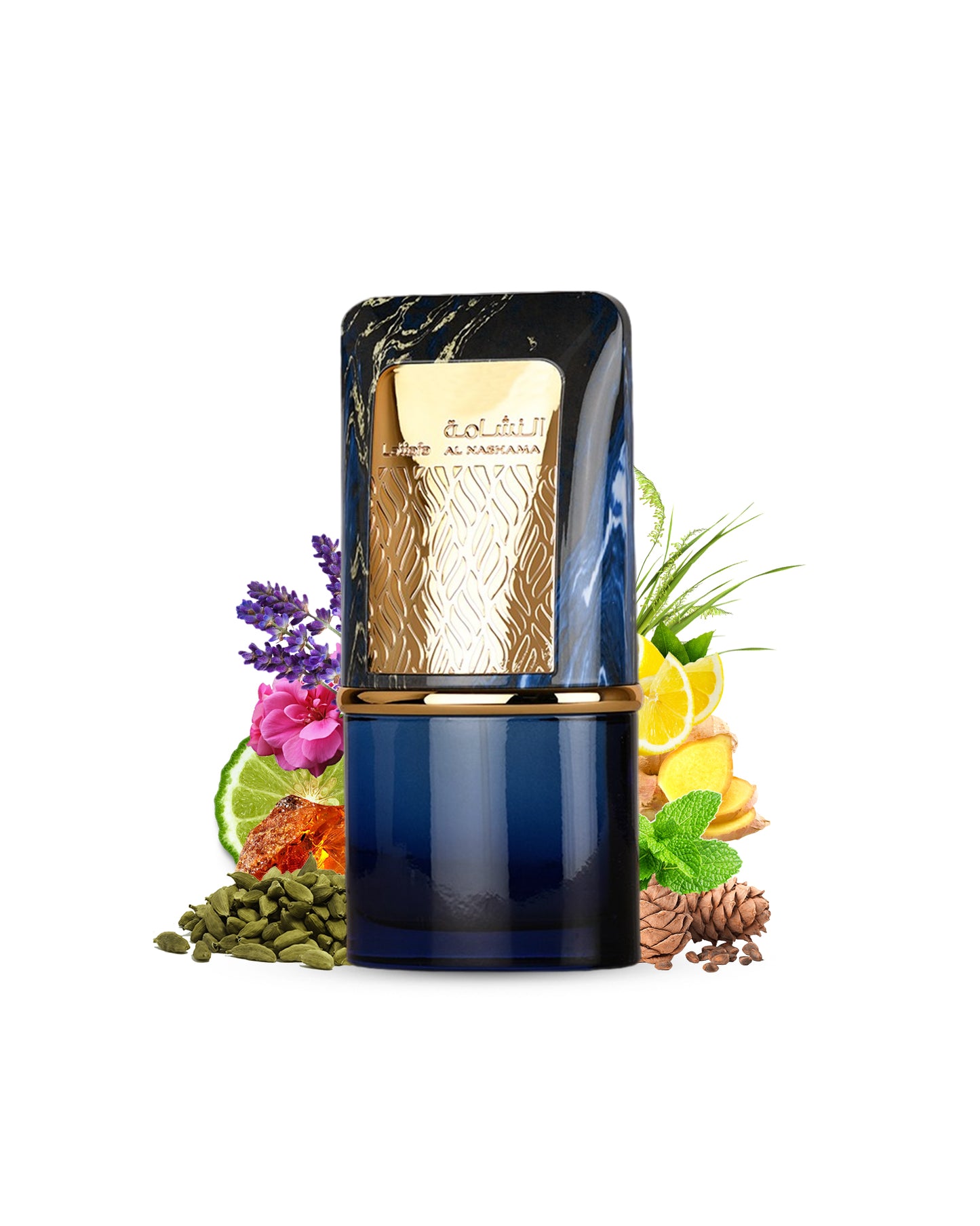 lattafa al nashama caprice Blue and gold perfume bottle with floral and fruit elements on a white background