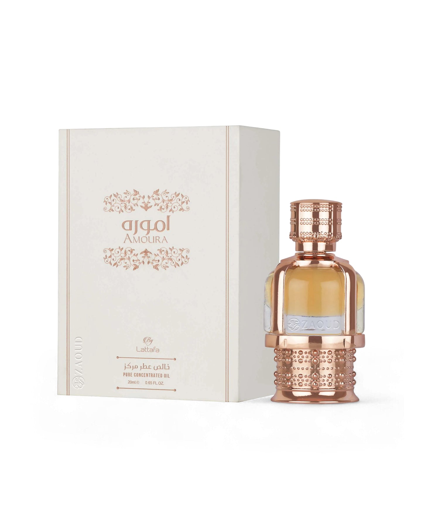 lattafa amoura perfume oil bottle with decorative packaging on a white background