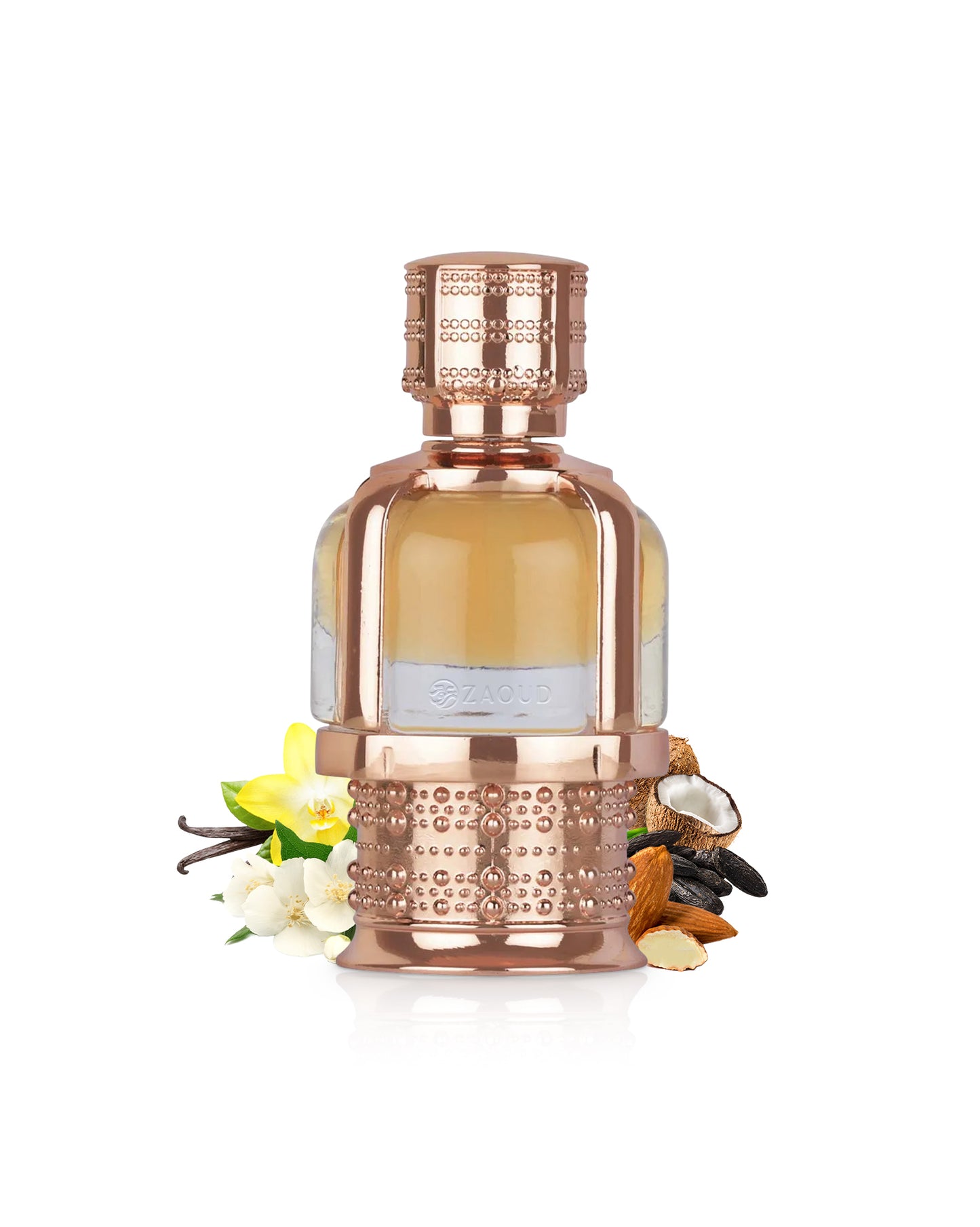 lattafa amoura perfume oil bottle surrounded by fragrance notes like almond and vanilla shows against white background