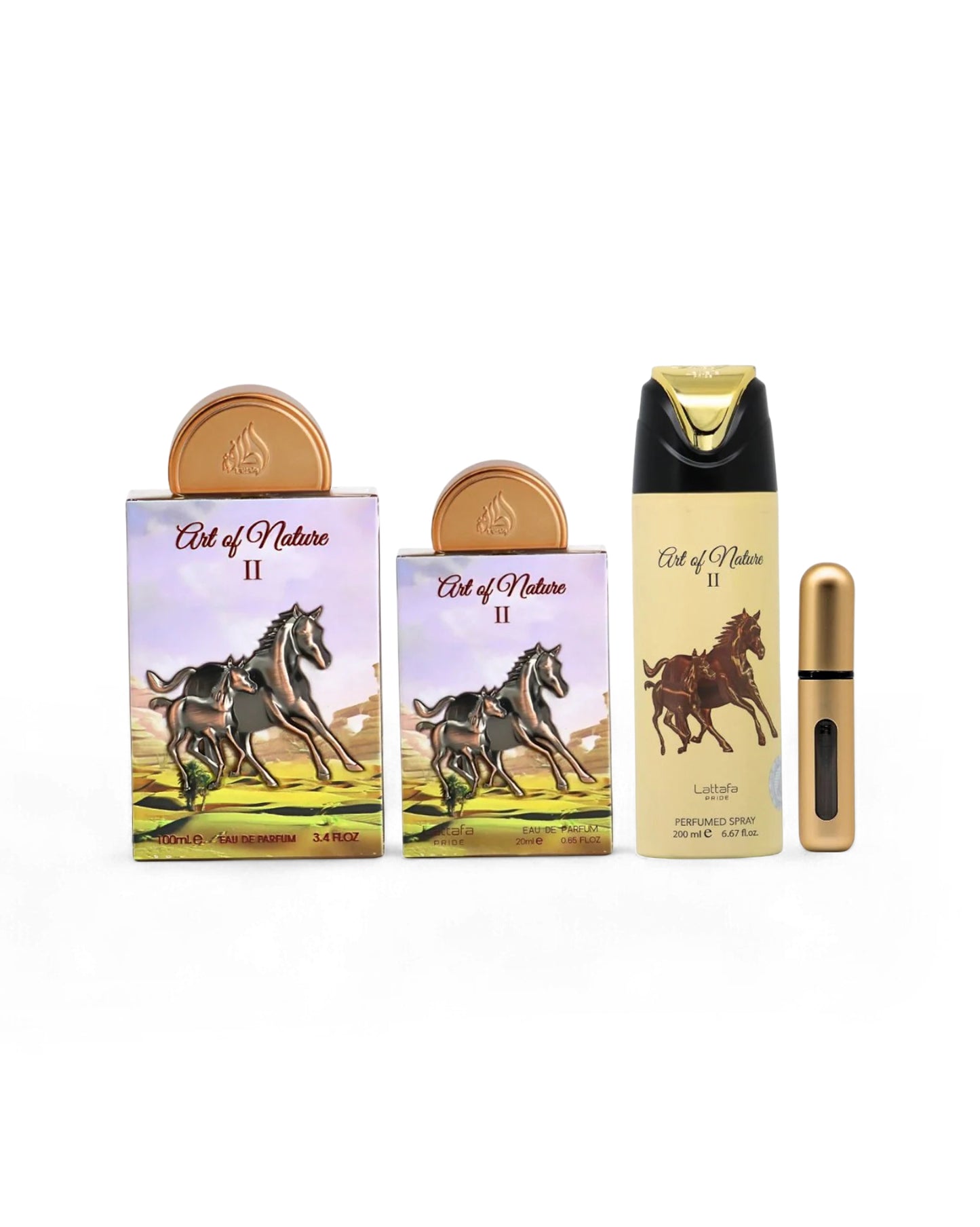 Set of 'Art of Nature II' perfume bottles and deodorant bottle and packaging on a white background