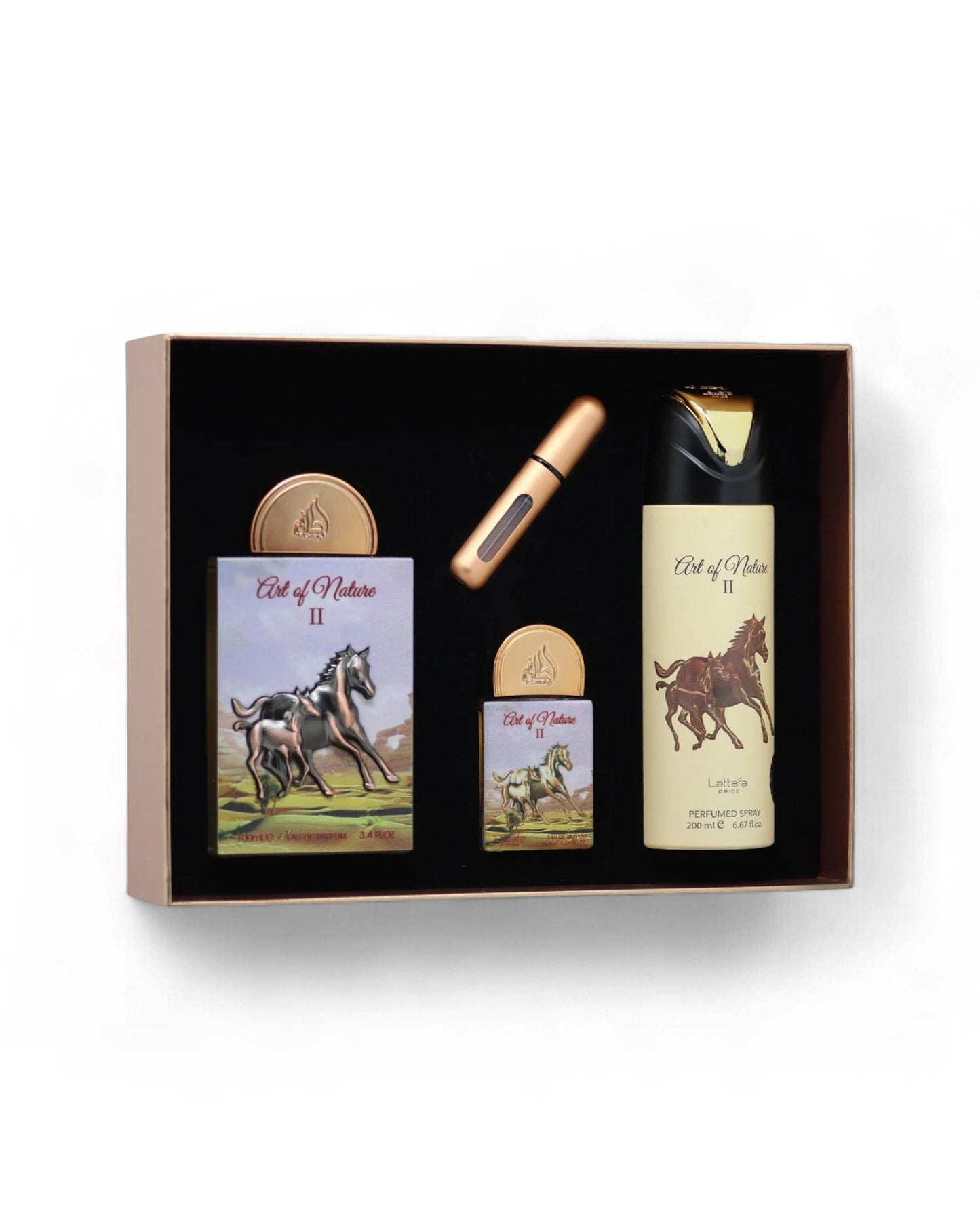 gift Set of lattafa art of nature 2 perfume bottles with horse-themed packaging in a box on a white background