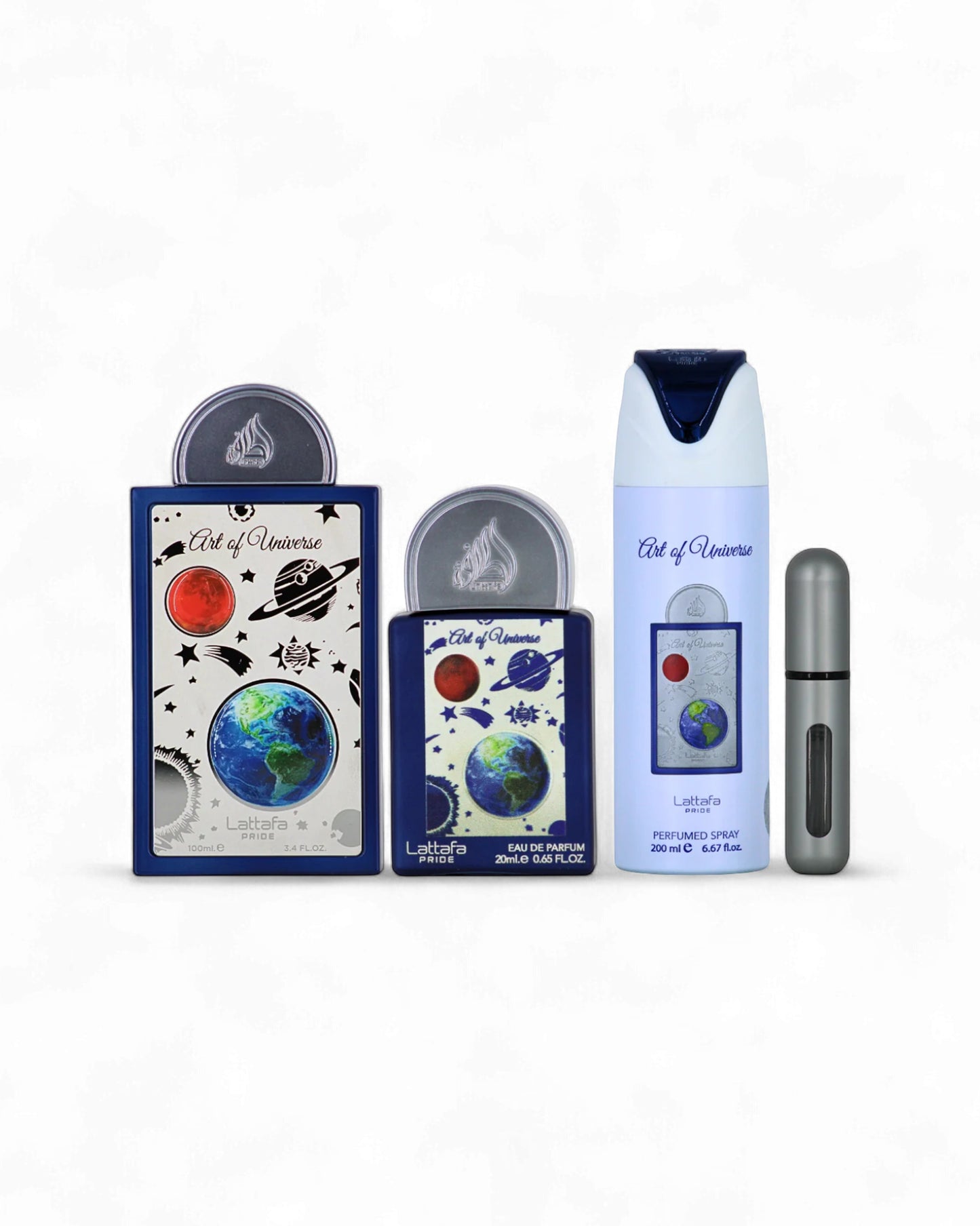 collection of lattafa art of universe gift set of perfume bottles and deodorant bottle shows against white background