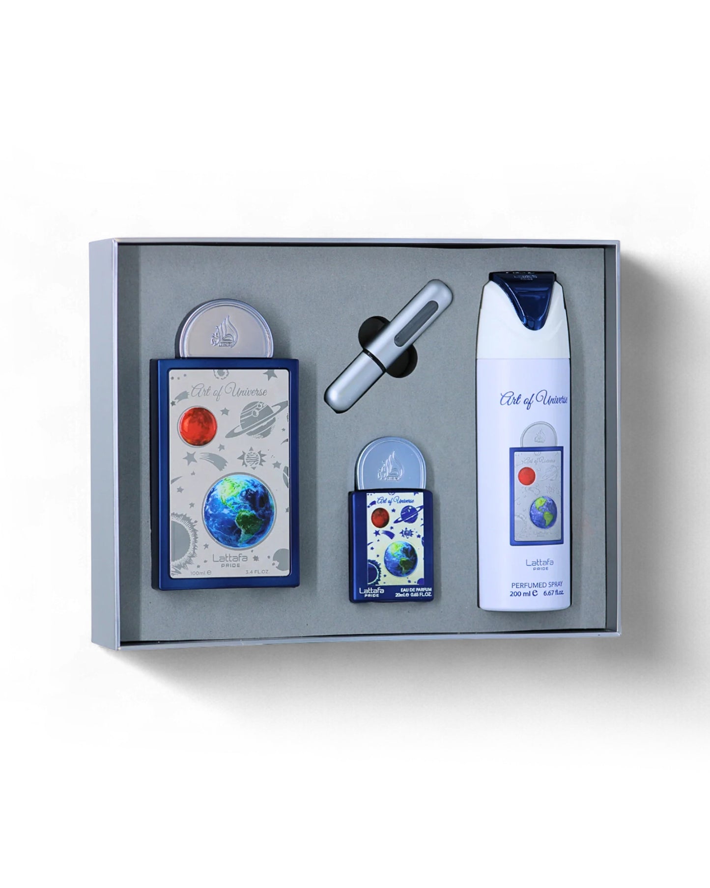 lattafa art of universe perfume bottles, deodorant bottle, and refill container in a box on a white background