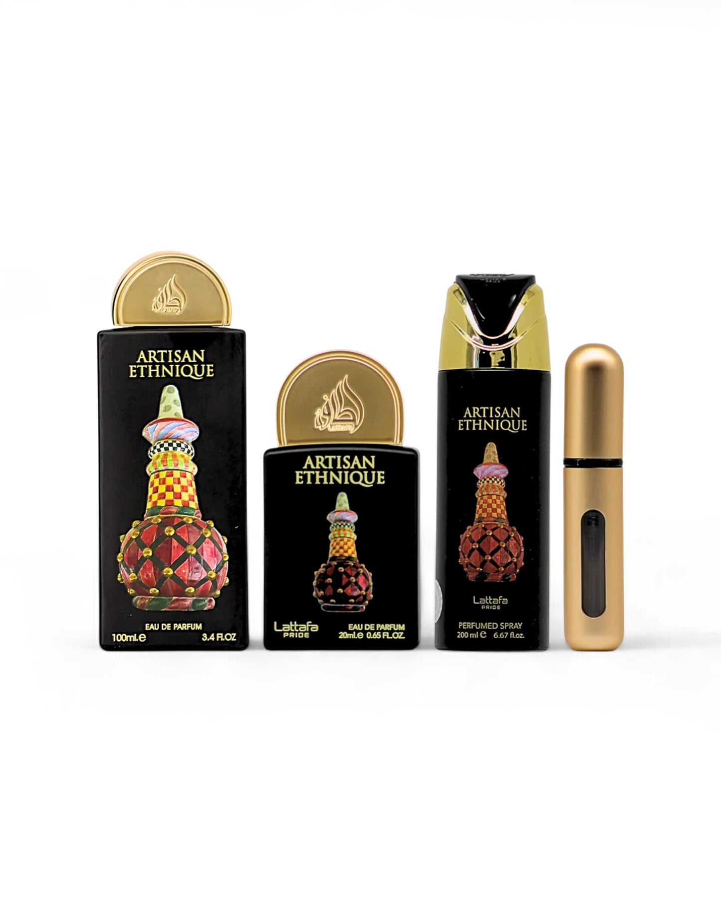 lattafa Artisan ethnique gift set perfume bottles and deodorant bottle on a white background