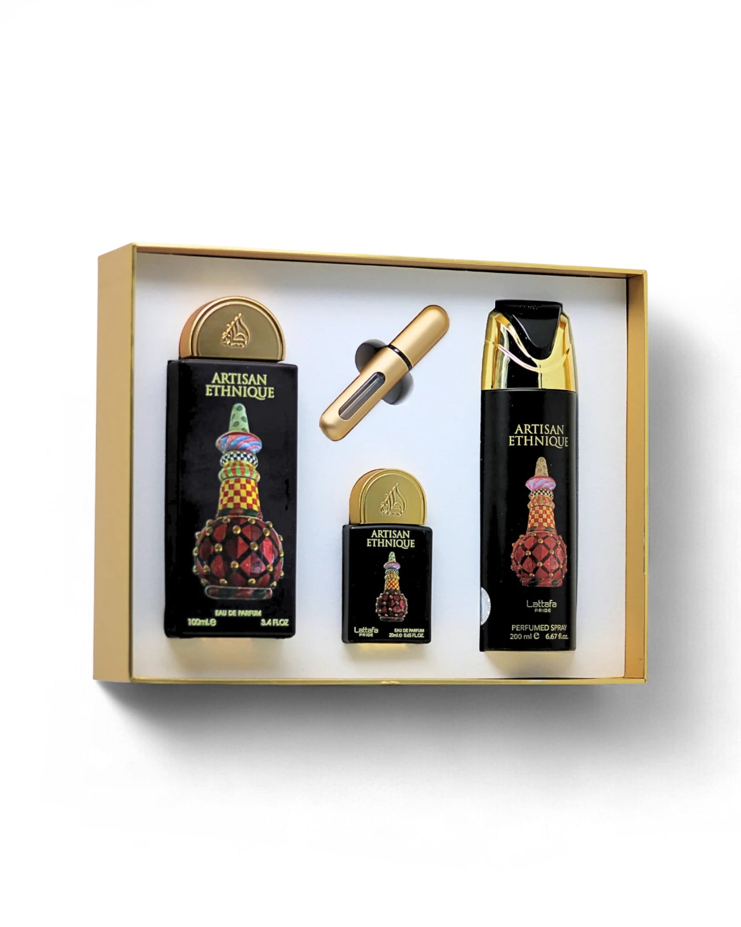 lattafa Artisan ethnique gift set products including a perfume bottle, automizer, and box on a white background