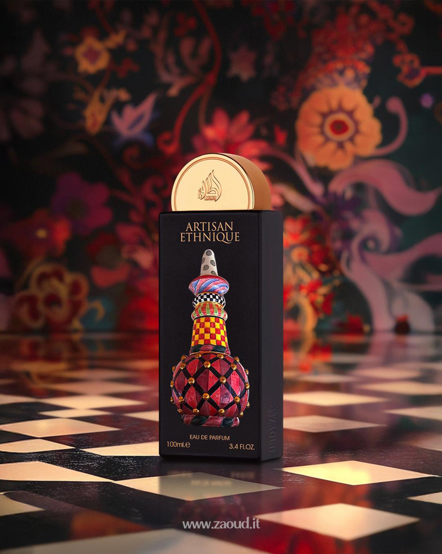 lattafa artisan ethnique perfume bottle photograph over reflected surface tiles