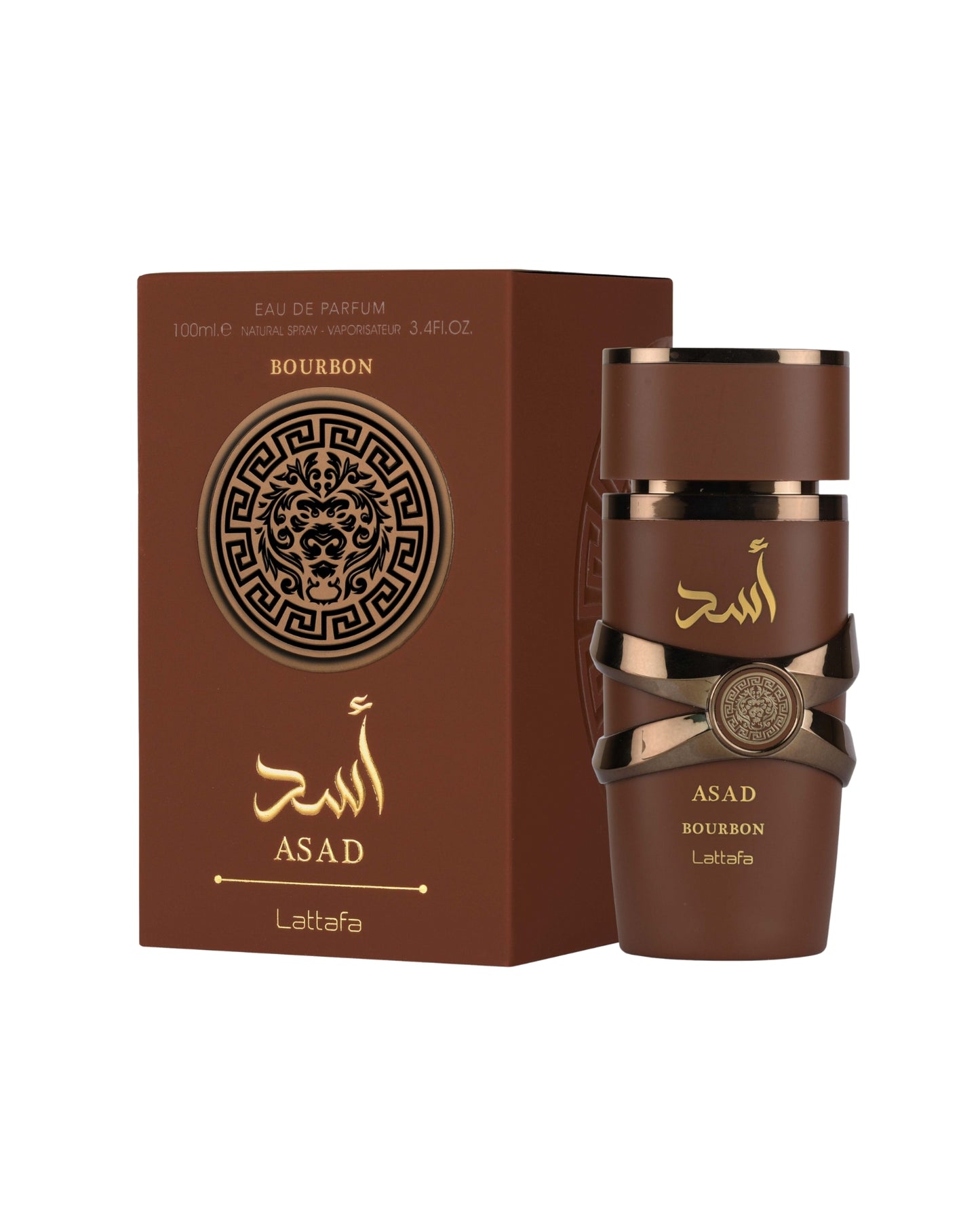 Lattafa asad bourbon Brown perfume bottle and packaging with 'ASAD' branding on a white background