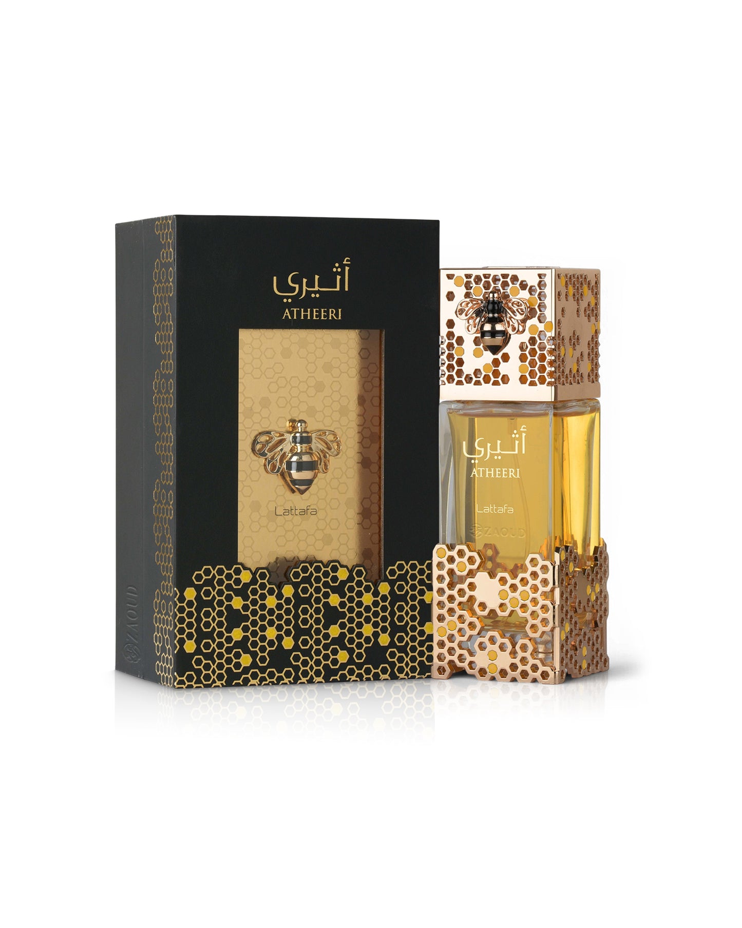lattafa atheeri perfume bottle shows beside its box against white background