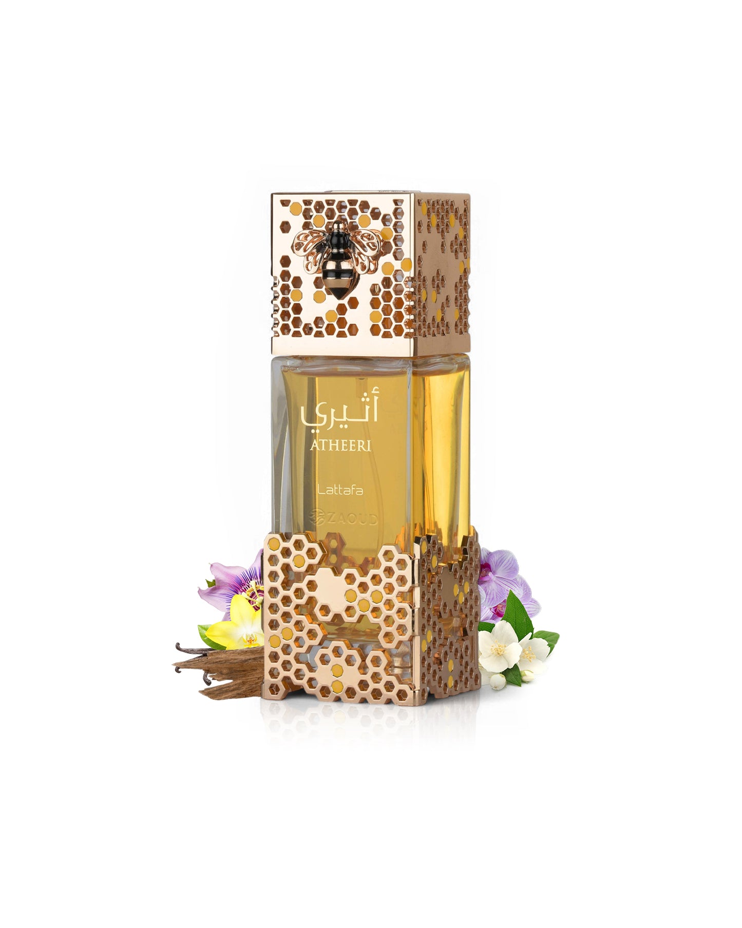 lattafa atheeri perfume bottle surrounded with fragrance notes like jasmine and orchide shows against white background