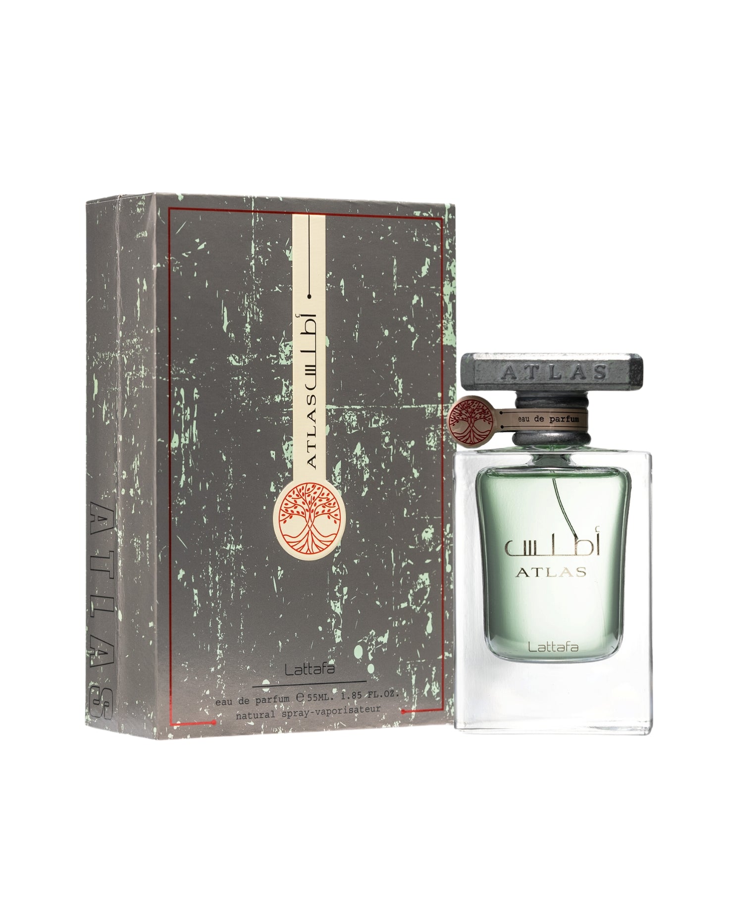 lattafa atas perfume bottle shows beside its box  against white background