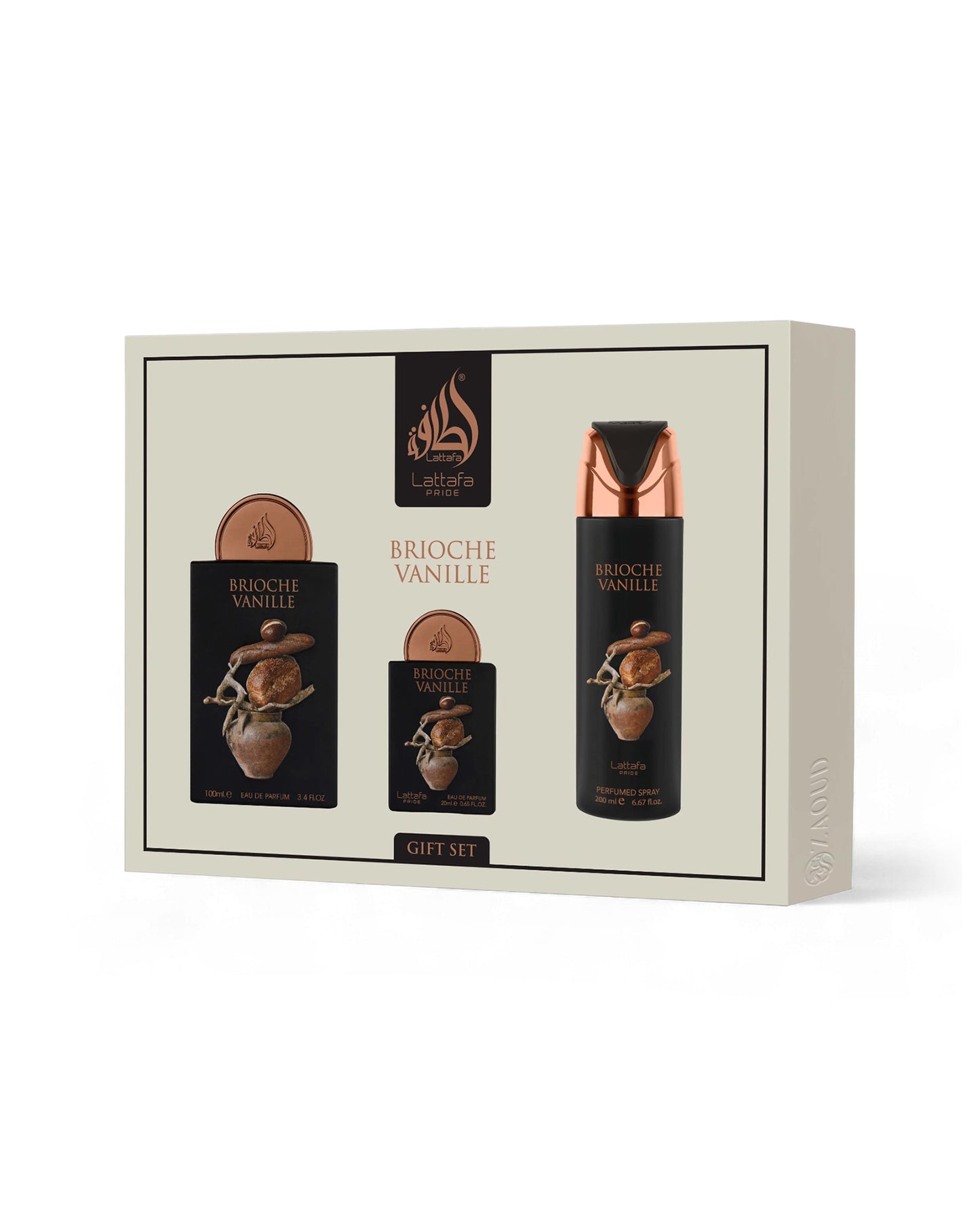 Lattafa Gift set with 'Brioche Vanille' products in a decorative box