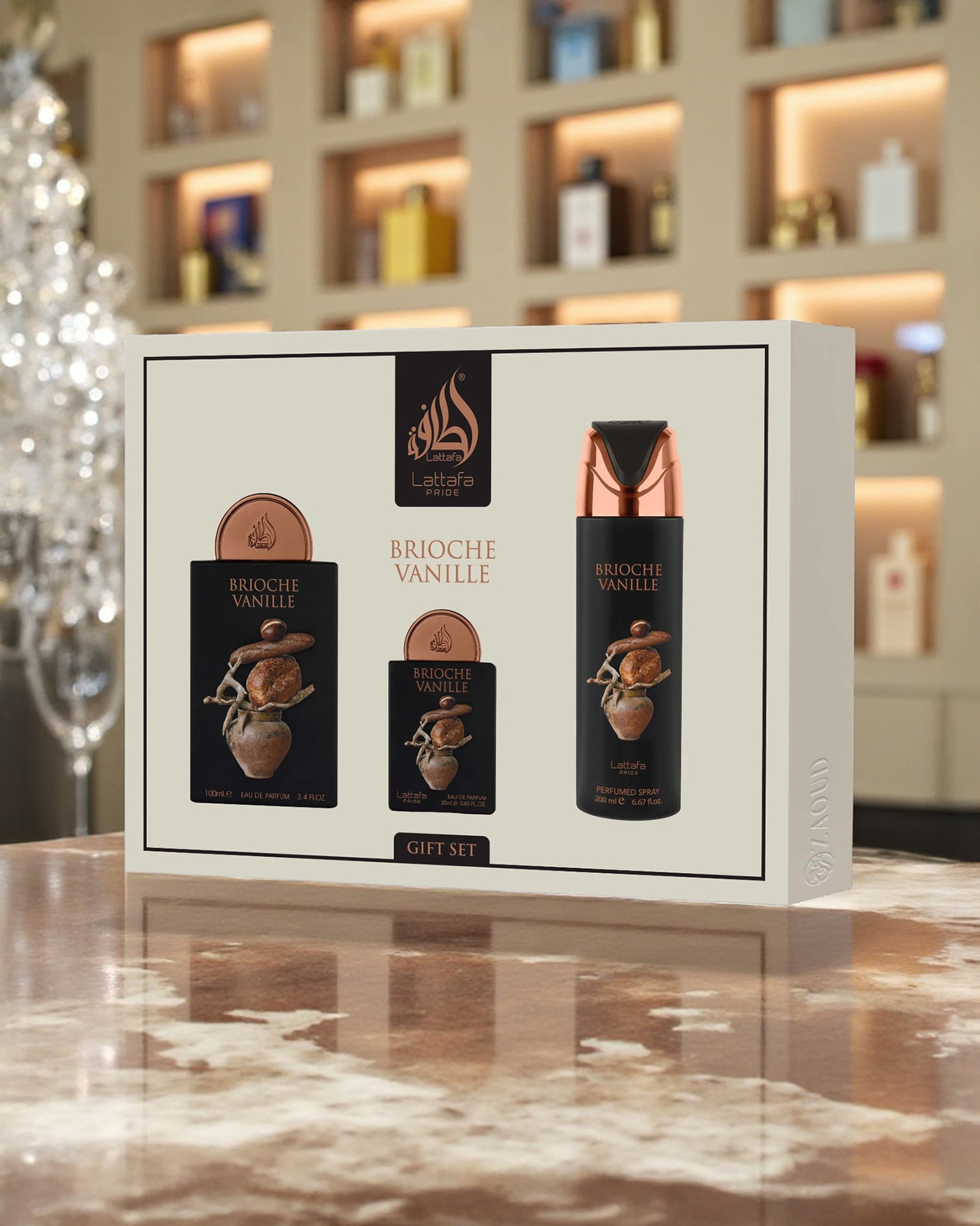 lattafa Gift set with 'Brioche Vanille' products on a marble surface with shelves in the background