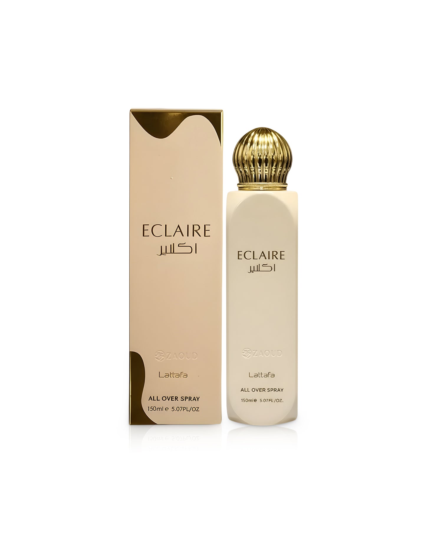 LATTAFA eclaire all over spray bottle shows beside its packaging against white background