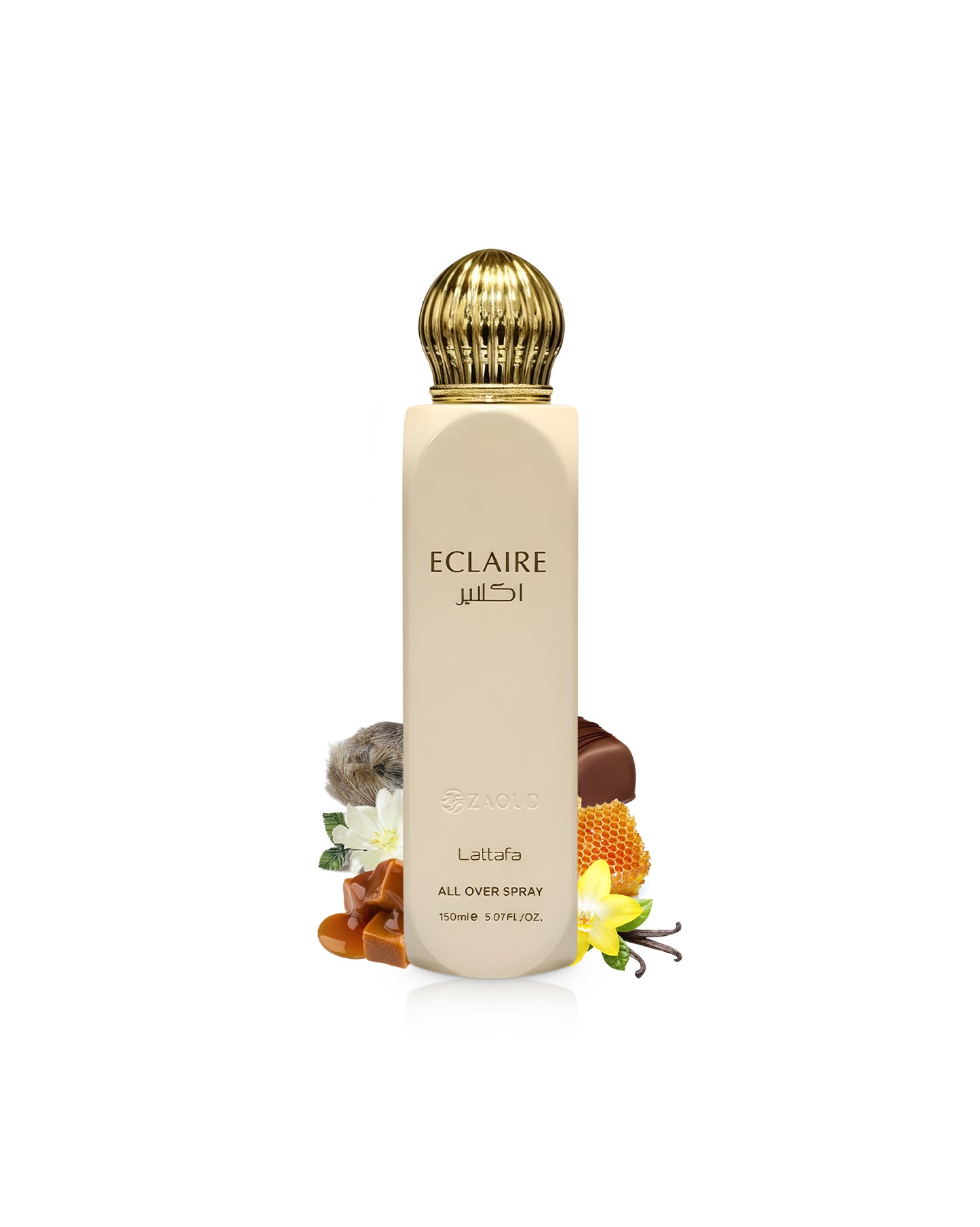 LATTAFA eclaire all over spray bottle surrounded by caramel and vanilla shows against white background
