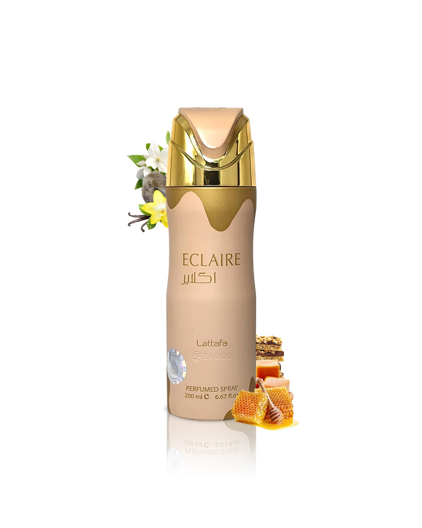lattafa eclaire deodorant body surrounded by fragrance notes like honey and vanilla spray bottle shows against white background