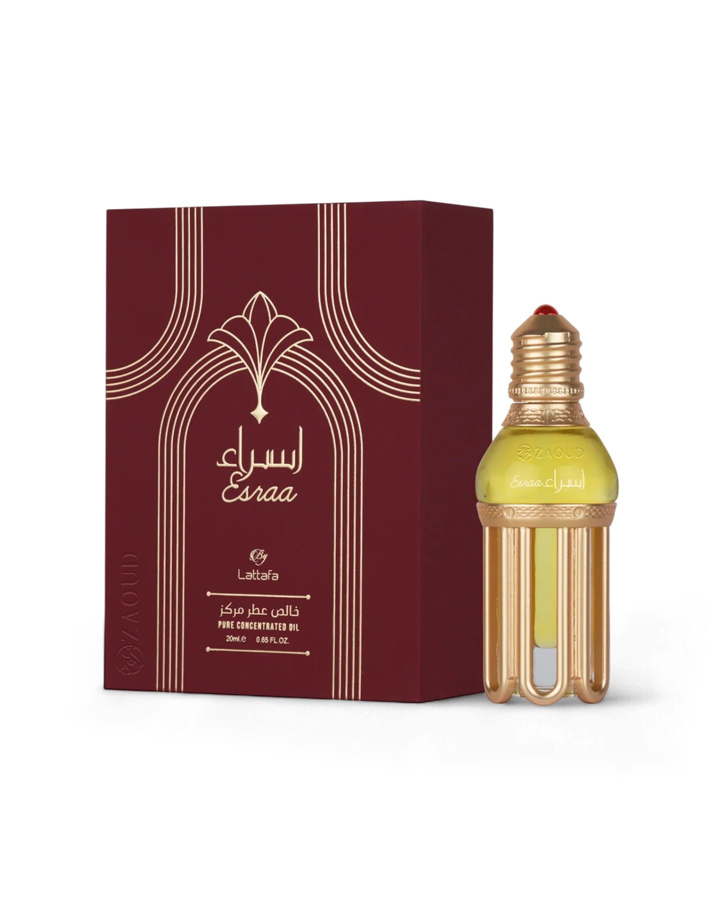 lattafa esraa perfume oil bottle and packaging with 'Essraa' branding on a white background