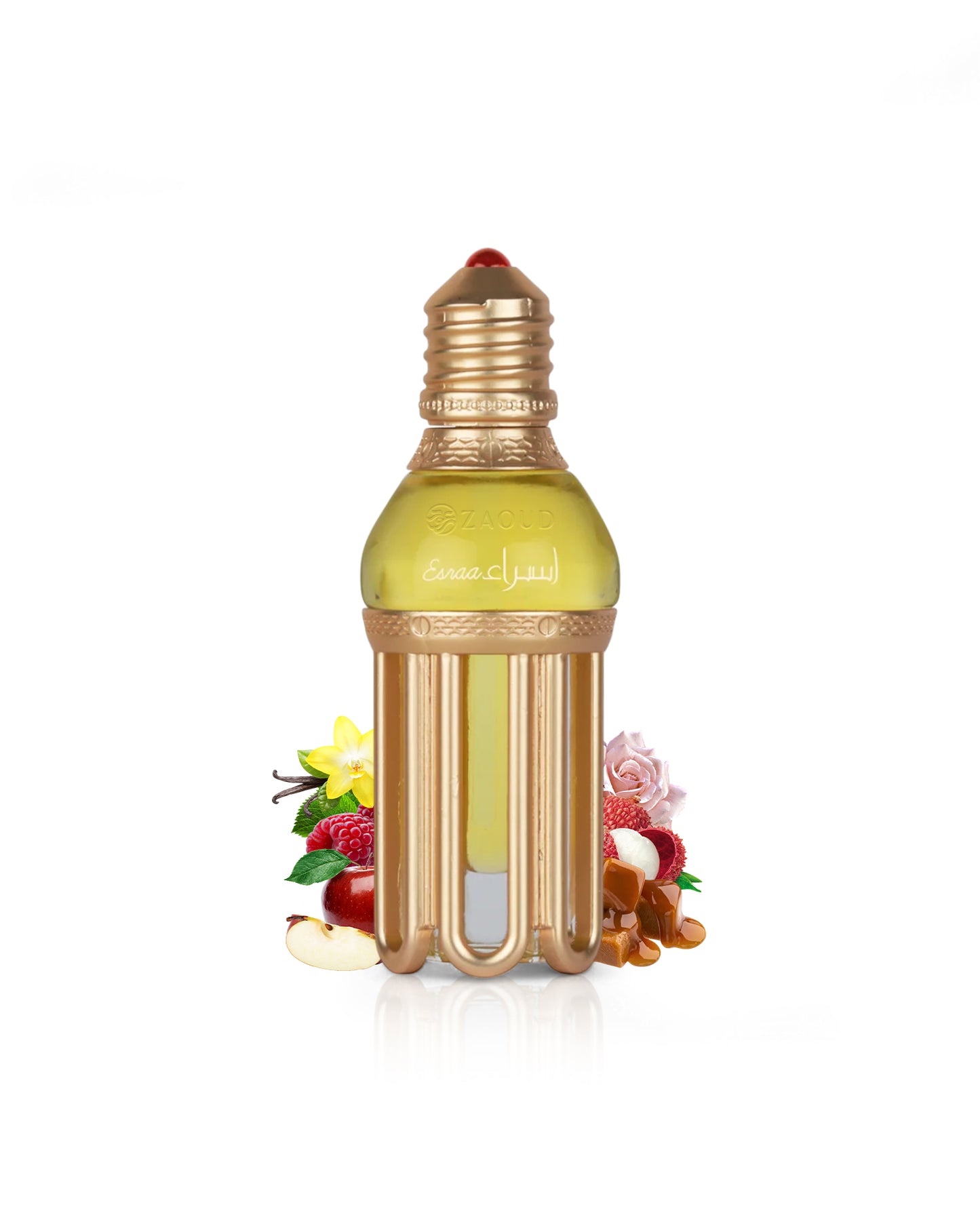 lattafa esraa perfume oil Decorative light bulb with floral elements like apple and caramel on a white background