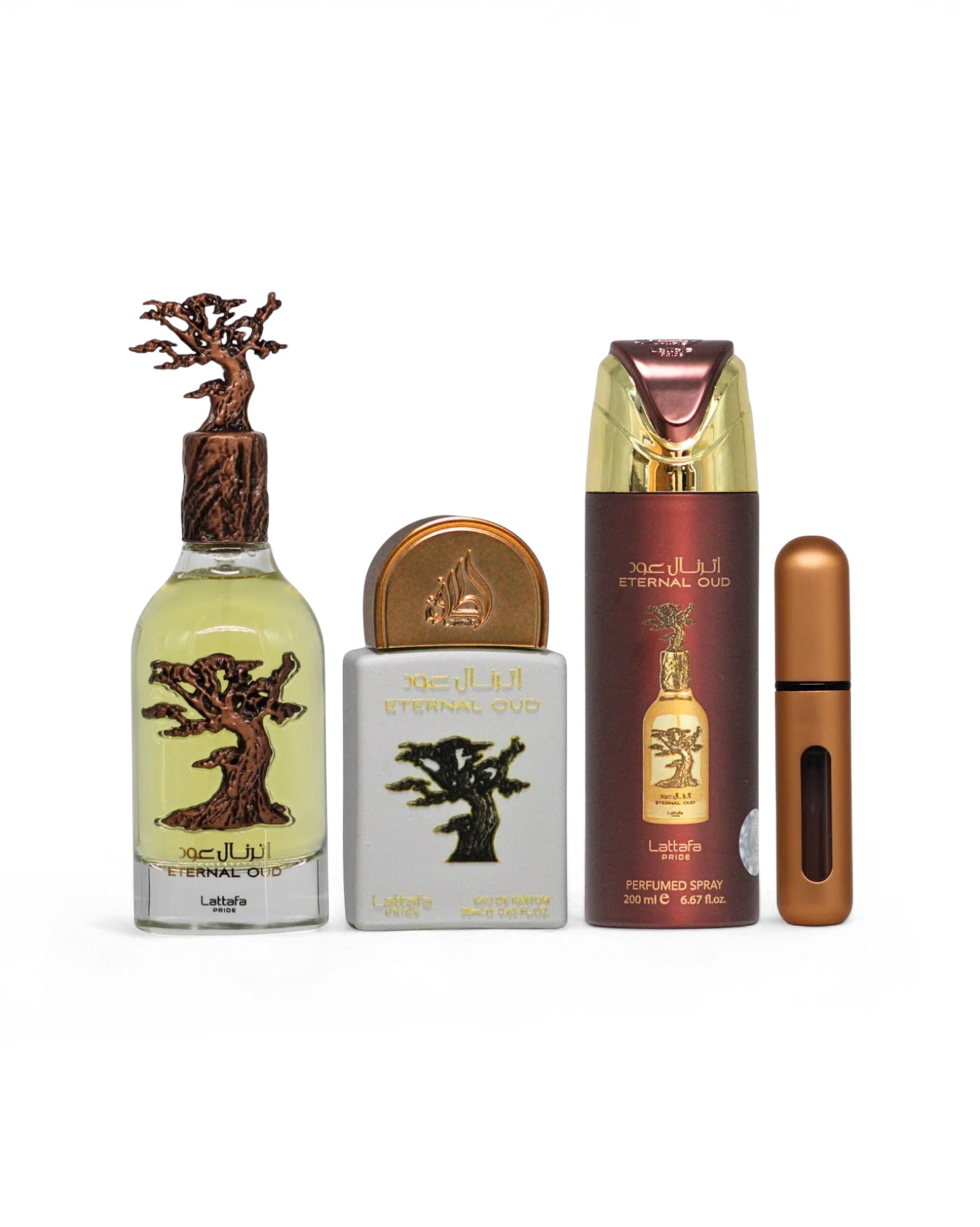 lattafa eternal oud perfume bottles and deodorant shows against white background