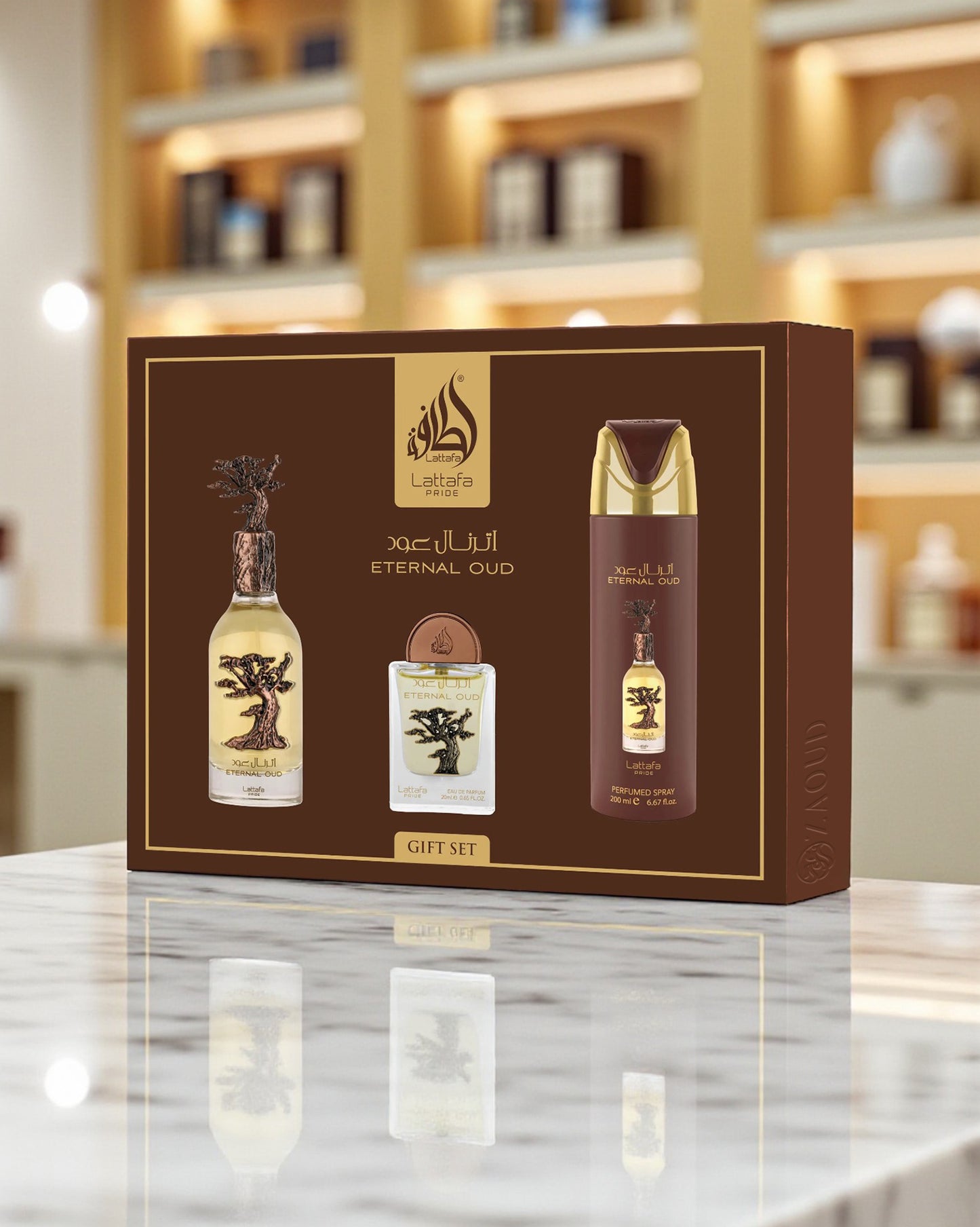 lattafa eternal oud gift set shows on a marble surface.