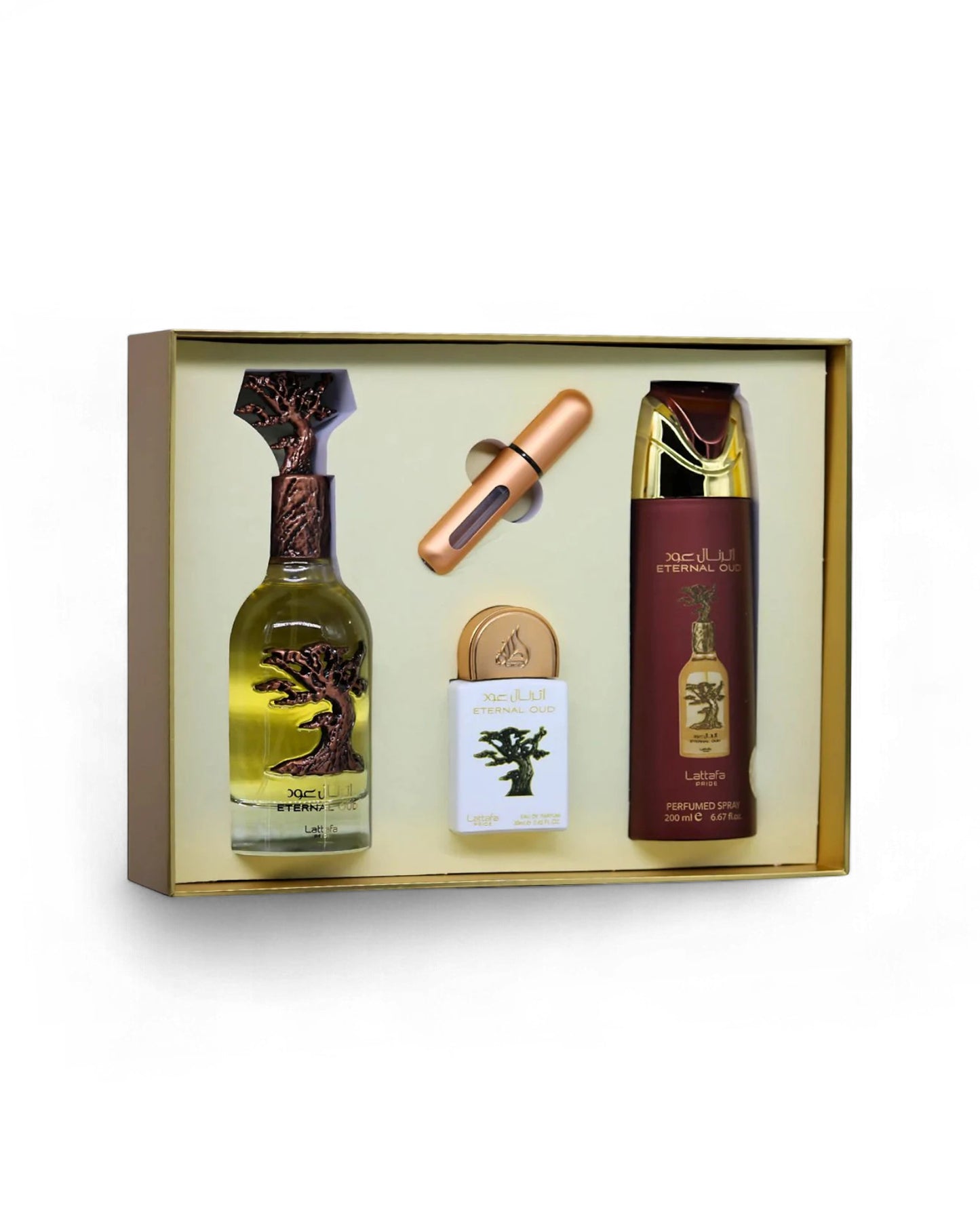lattafa eternal oud gift set include perfume bottles and deodorant inside box shows against white background