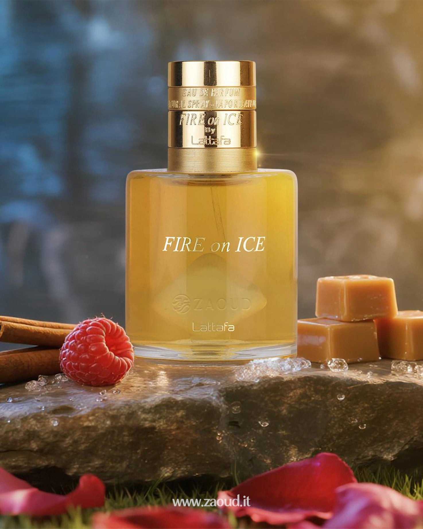 Perfume bottle labeled 'Fire on Ice' with a raspberry and caramels on a stone surface.