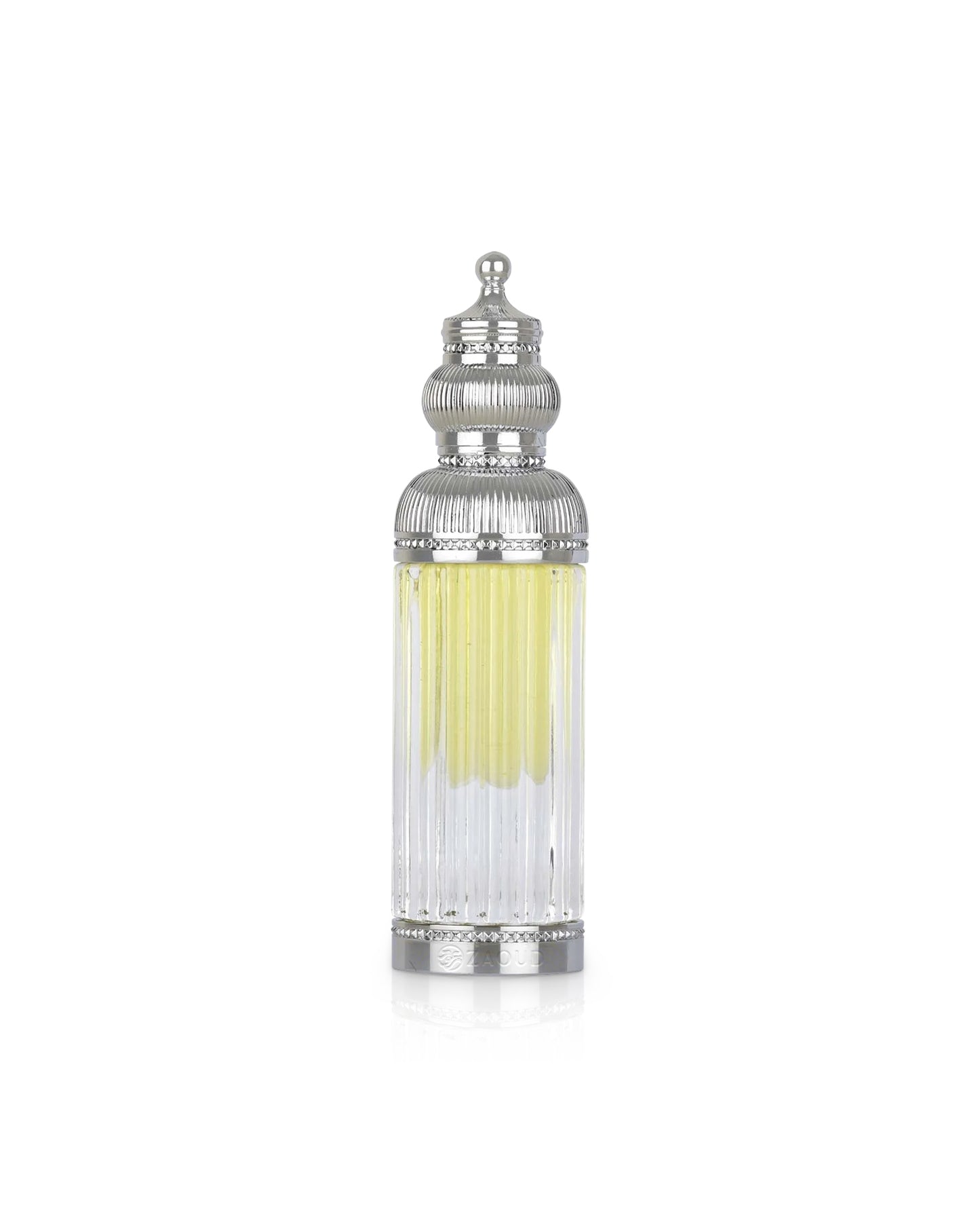 lattafa haakem perfume oil Decorative bottle with silver top and yellow liquid on a white background