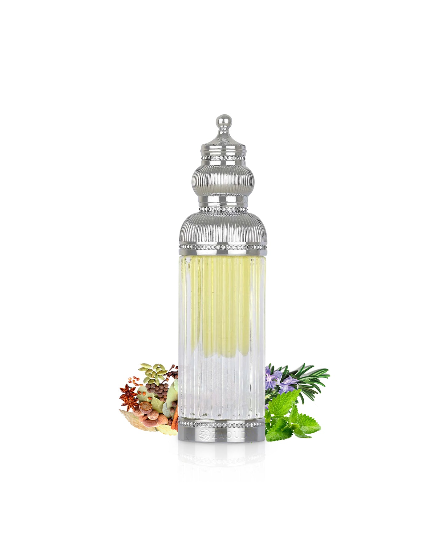 lattafa haakem perfume oil Decorative oil bottle with fragrance notes like patchouli and spices surrounded on a white background