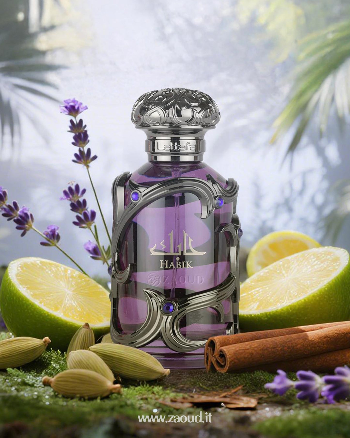 A purple perfume bottle of 'HABIK' by Lattafa, set on moss with ingredients like lime halves, green cardamom pods, cinnamon sticks, lavender sprigs, against a misty tropical background