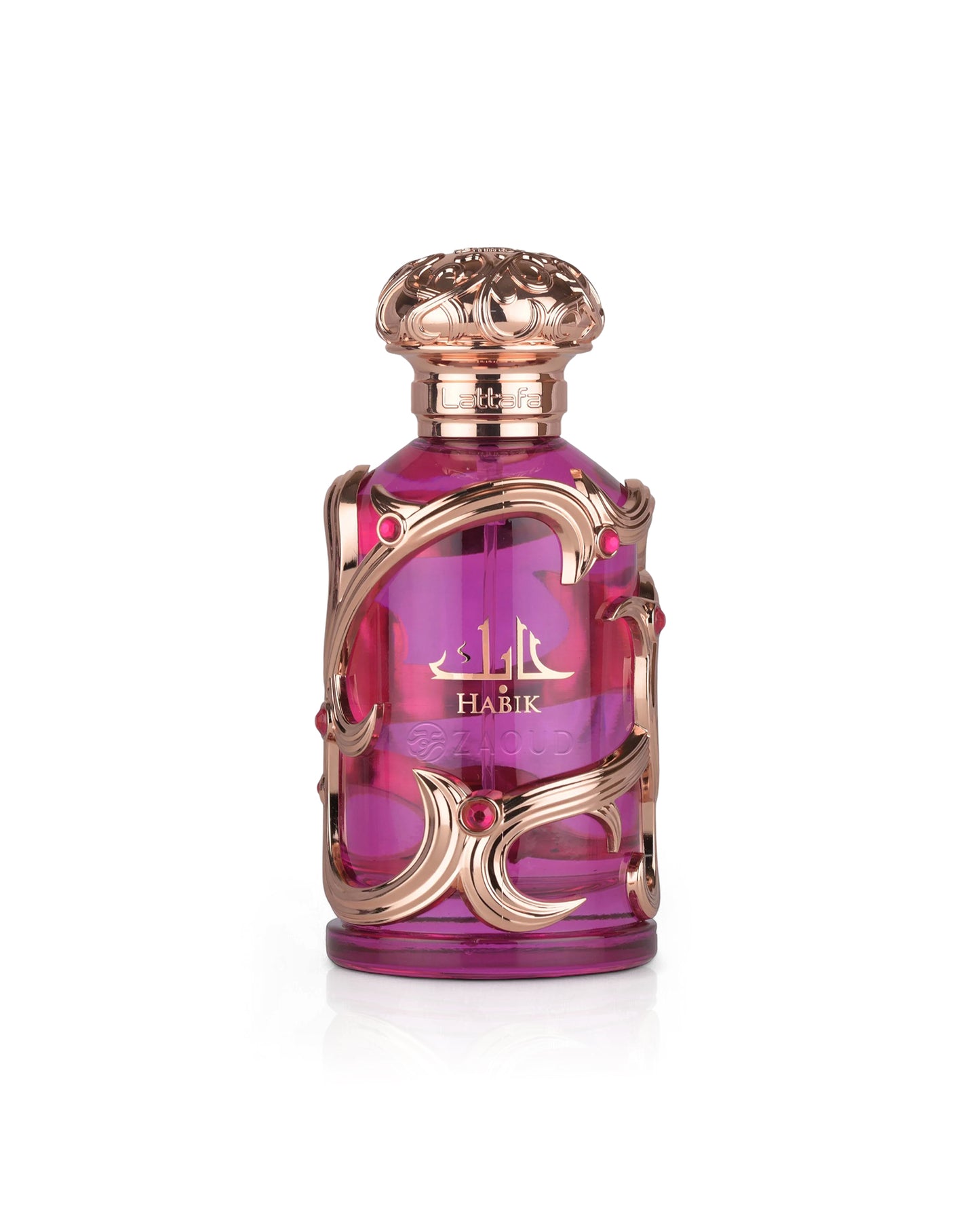 lattafa habik for women Purple perfume bottle with gold accents on a white background