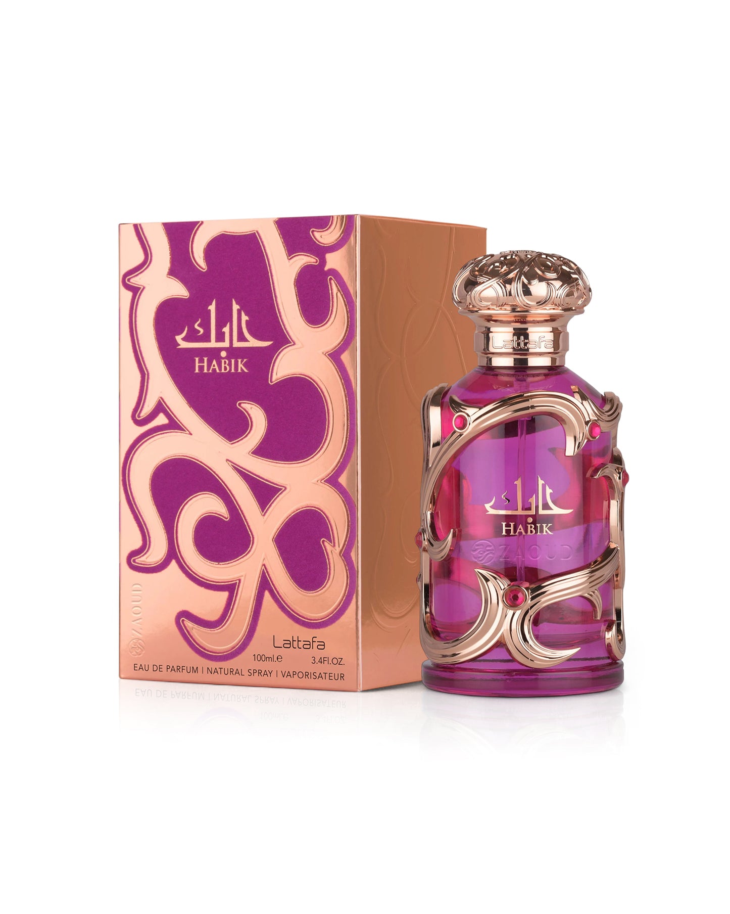 lattafa habik for women Perfume bottle and packaging with 'Habik' branding on a white background