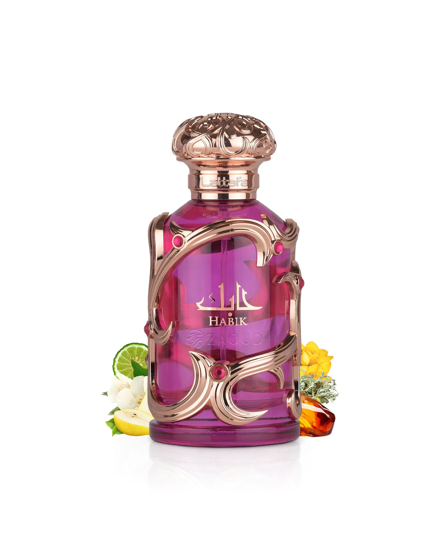 lattafa habik for women Purple perfume bottle with gold accents surrounded by pear and amber on a white background