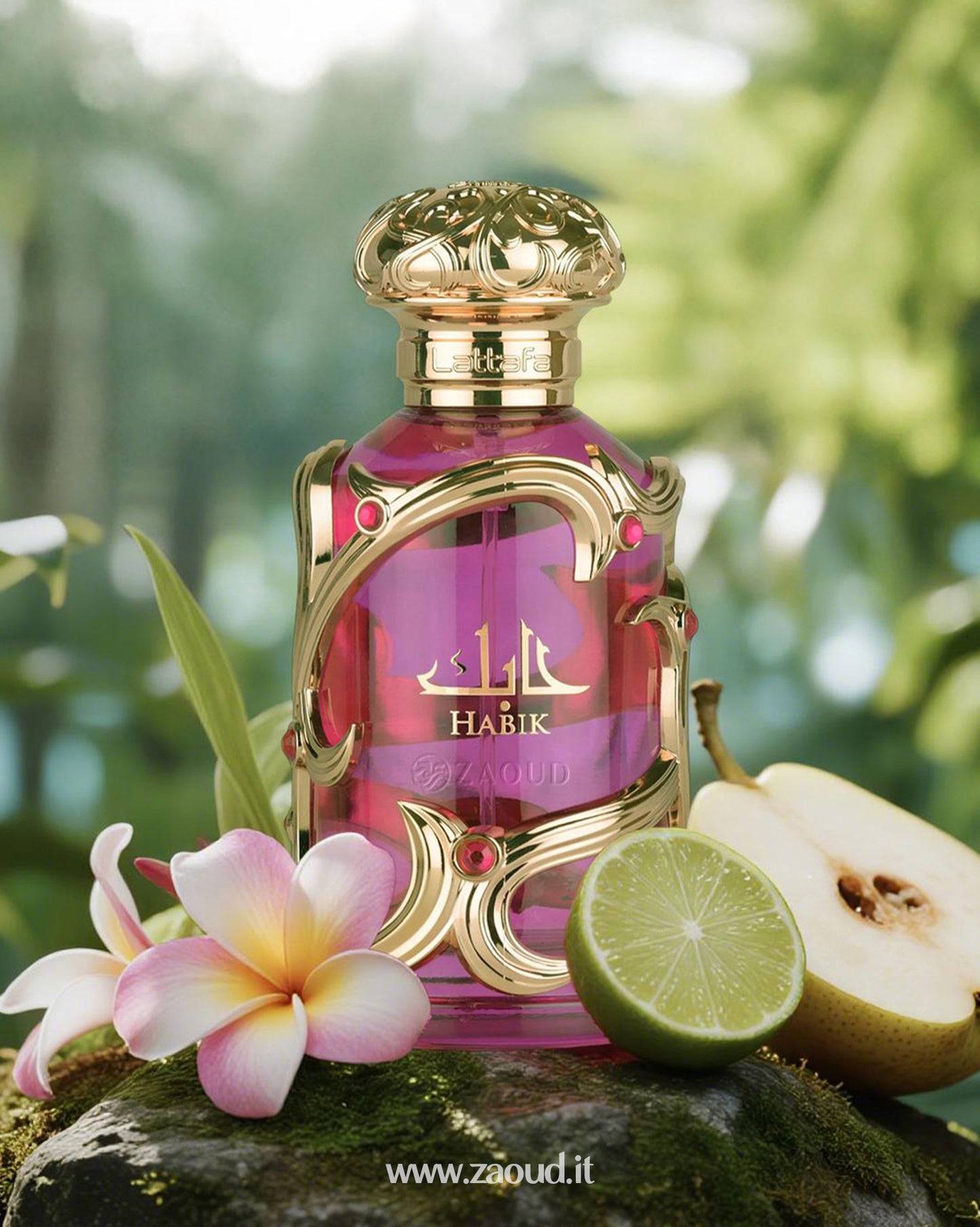 LATTAFA HABIK For Women Perfume bottle with gold cap and pink body on a natural background with flowers and fruit.