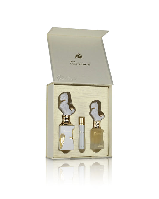 lattafa her confession gift set box opened with perfume bottles inside shows against white background