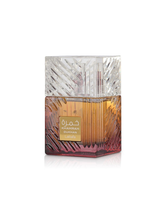 lattafa khamrah dukhan perfume bottle shows against white background