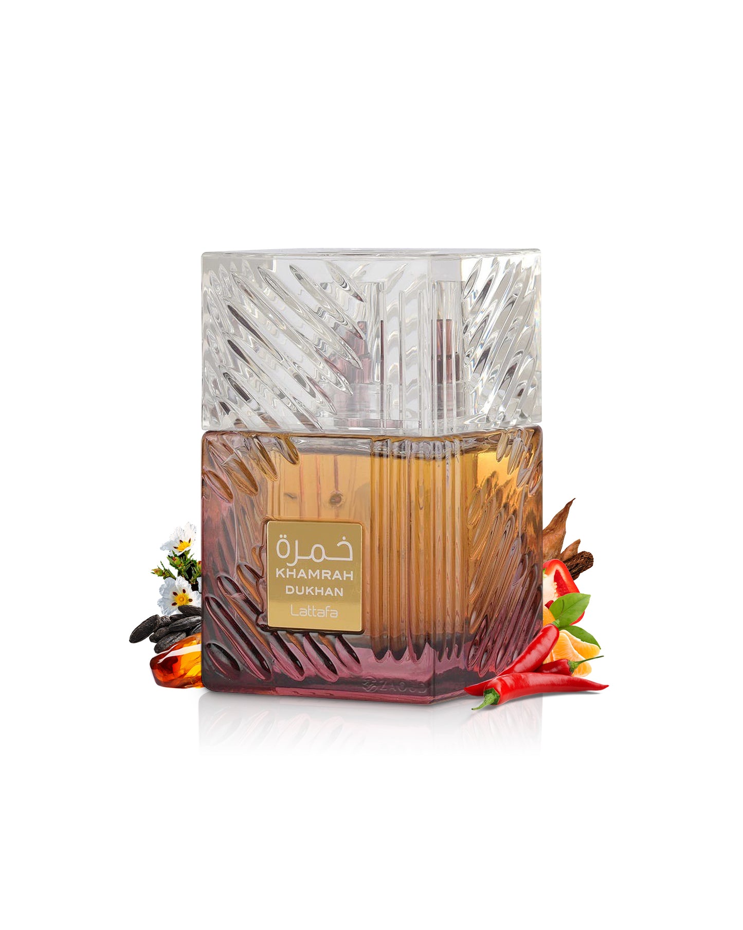 lattafa khamrah dukhan perfume bottle surrounded with fragrance notes like pimento and amber shows against white background