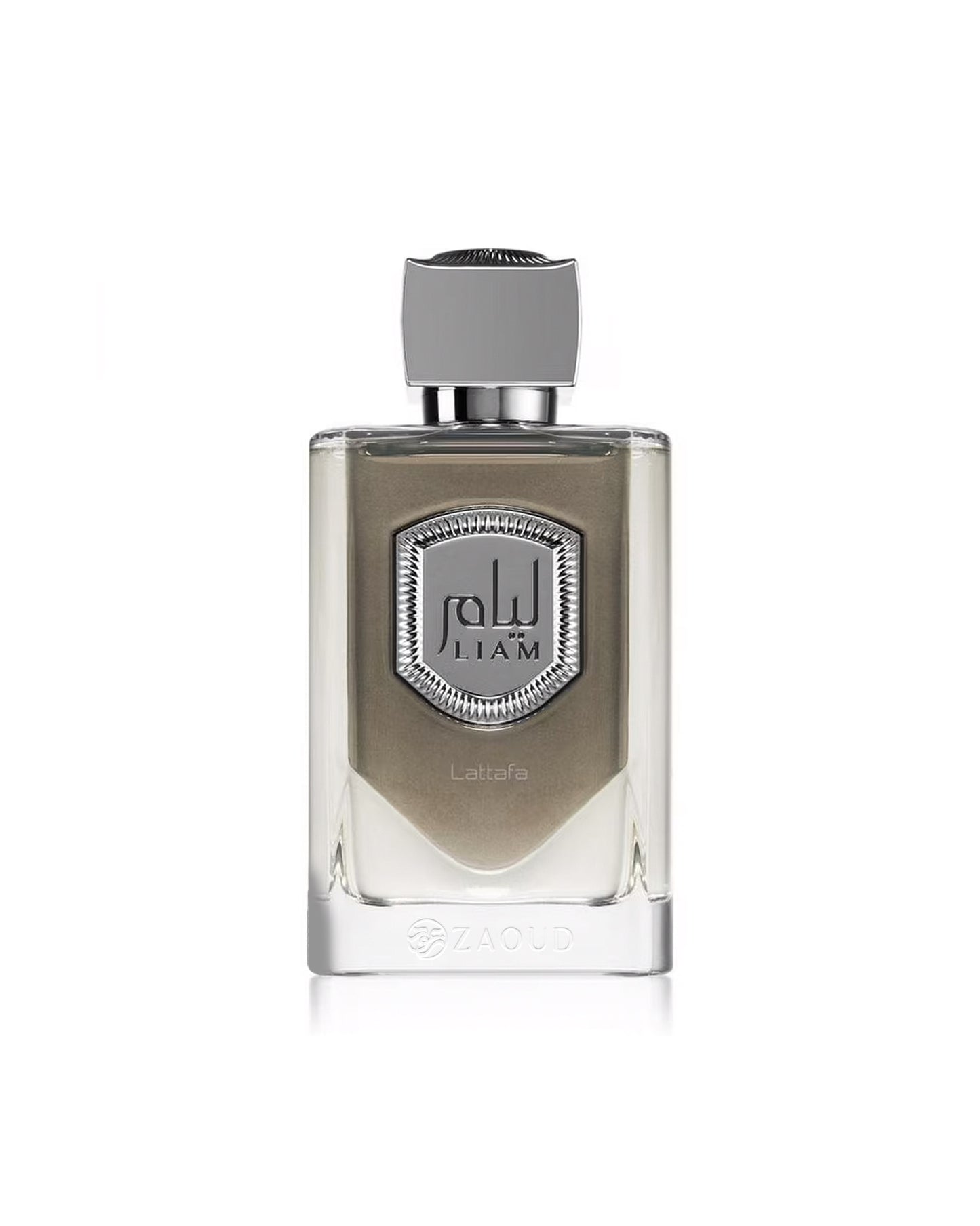 lattafa liam grey perume bottle shows against white background