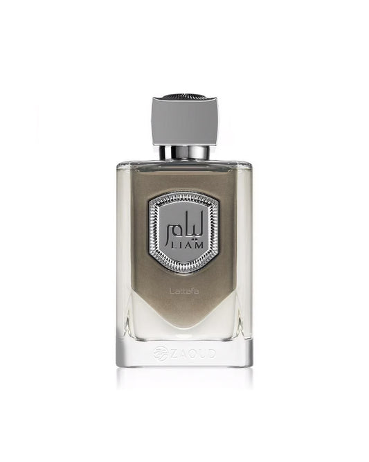 lattafa liam grey perume bottle shows against white background