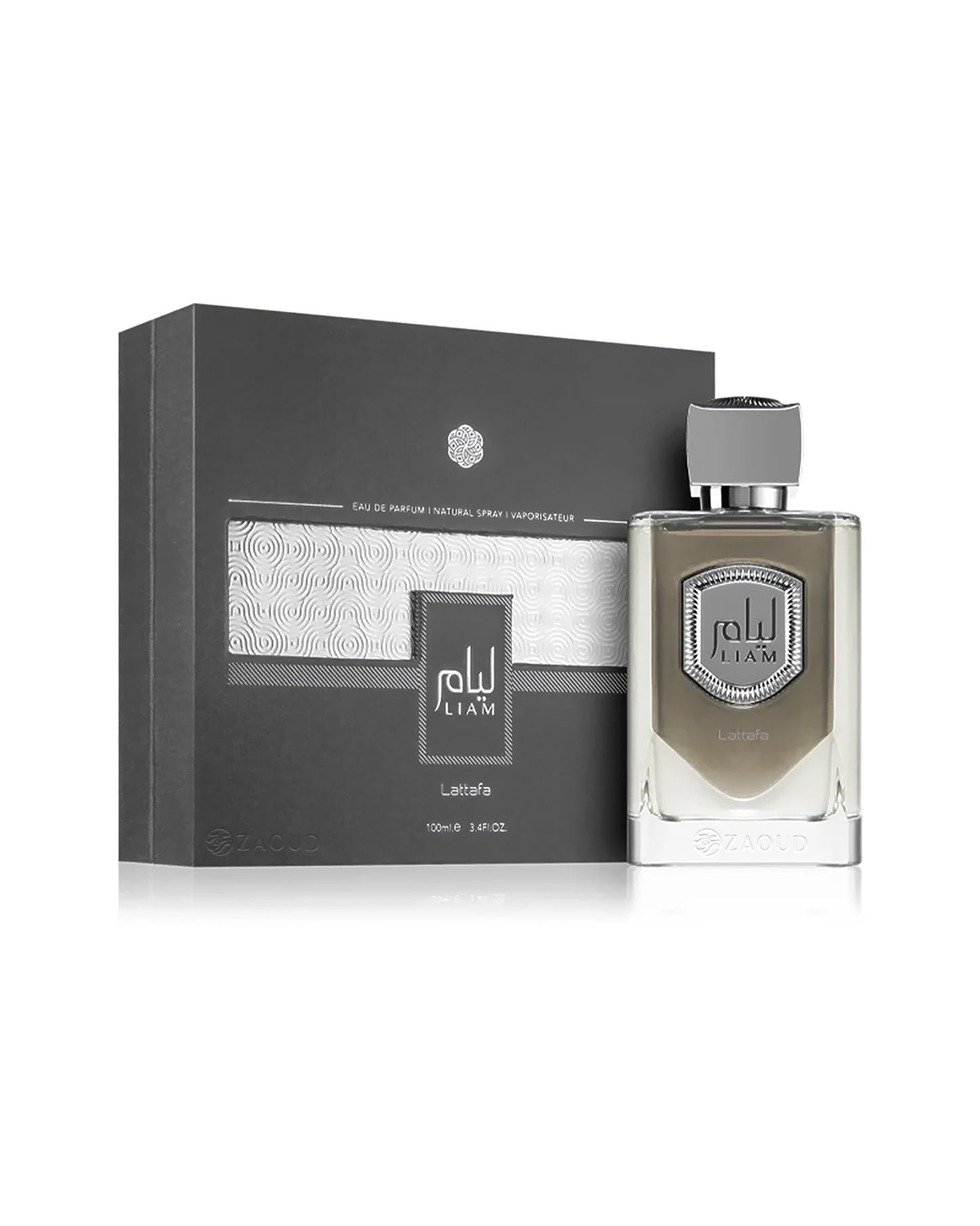 lattafa liam grey perume bottle shows beside its box against white background