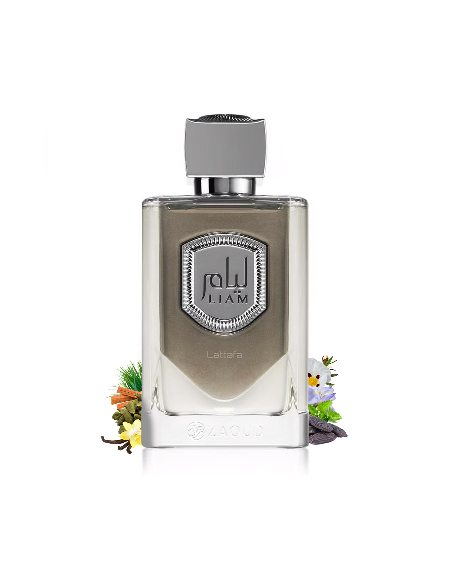 lattafa liam grey perume bottle surrounded with fragrance notes like vanilla and cardamom shows against white background