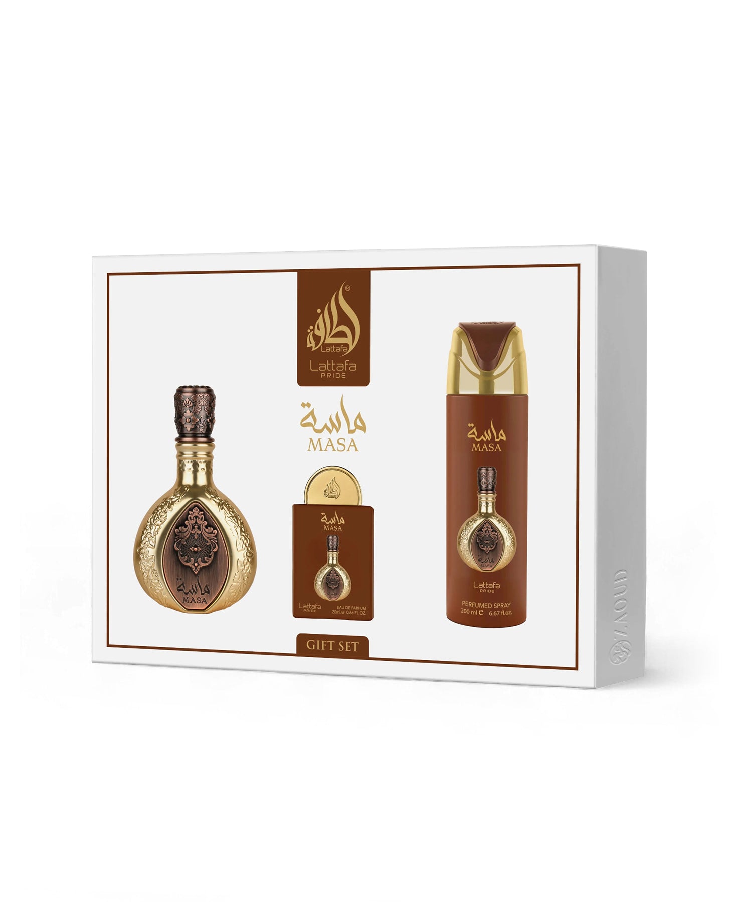 Lattafa Masa gift set perfume set packaging on a white background