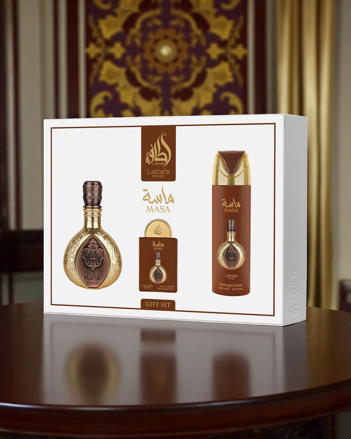 lattafa MASA gift set packaging on a wooden surface with decorative background